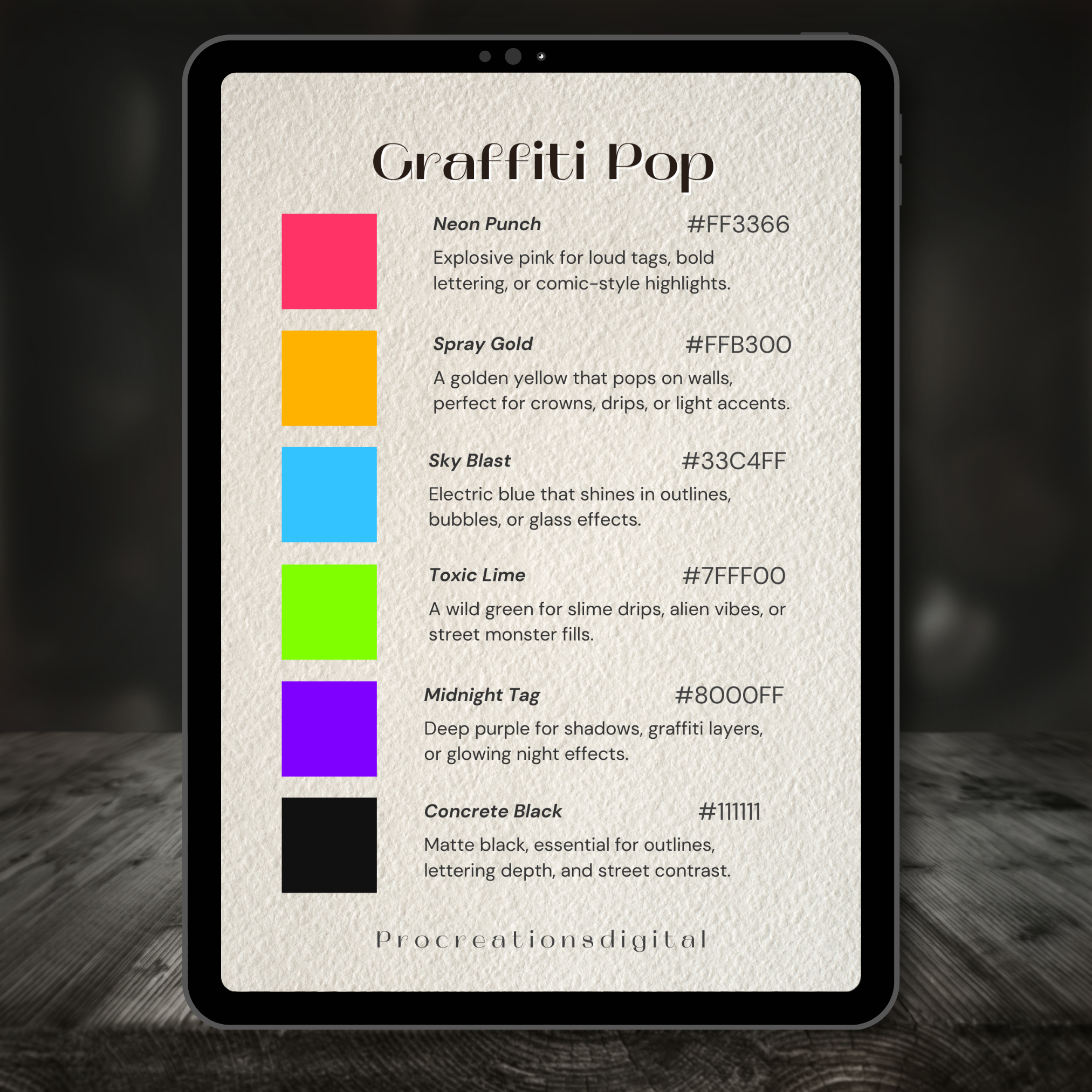 Graffiti Pop Color Palette for Procreate – Urban Neon Spray Tones + Hex Chart