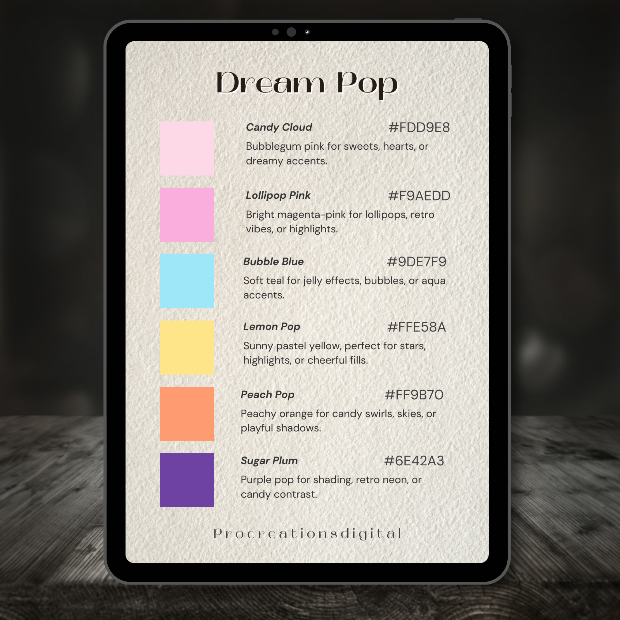 Dream Pop Color Palette for Procreate – Candy Pastel Tones + Hex Chart