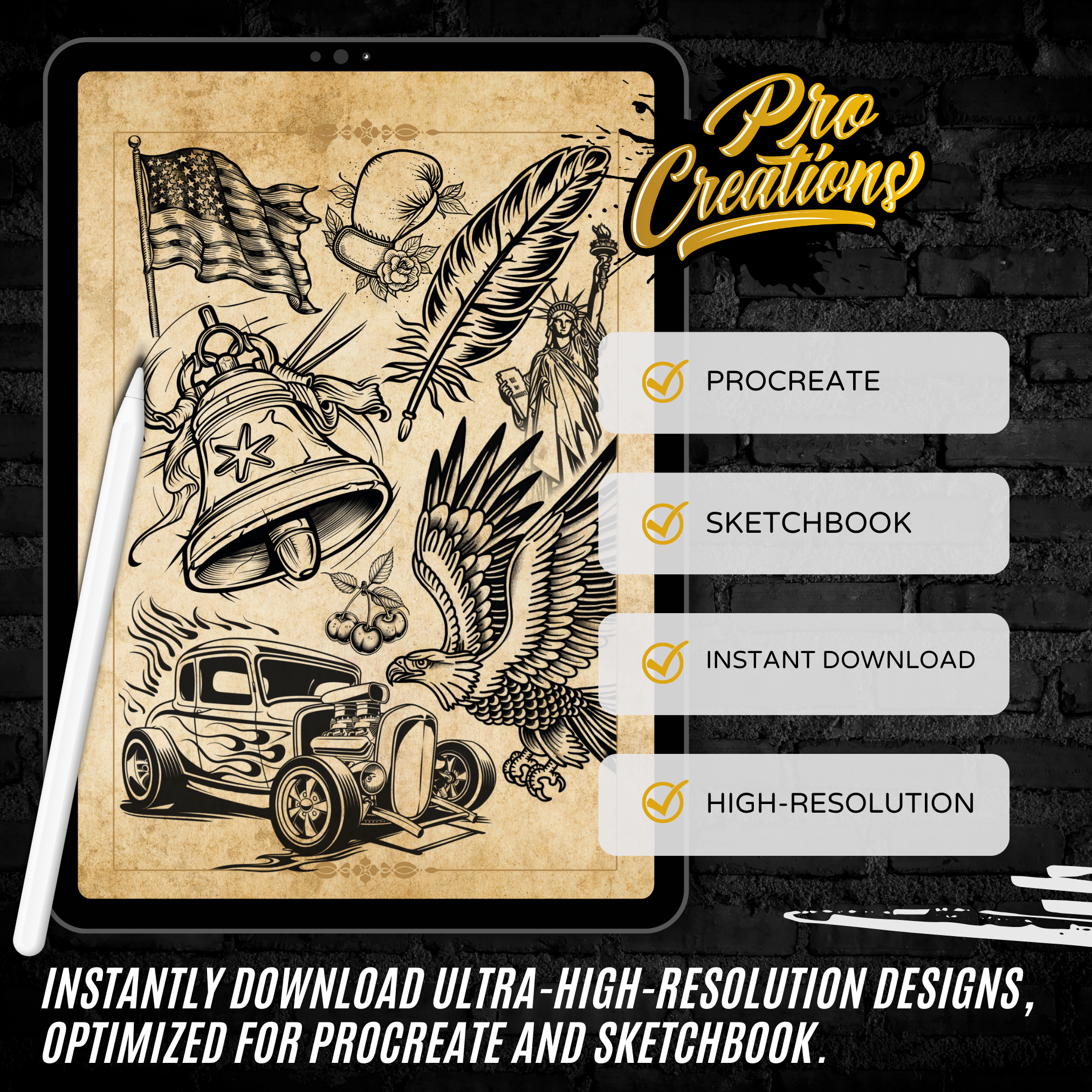 Traditional Classic America Flash Stamp Pack – Bold American Tattoo Designs for Procreate & Sketchbook