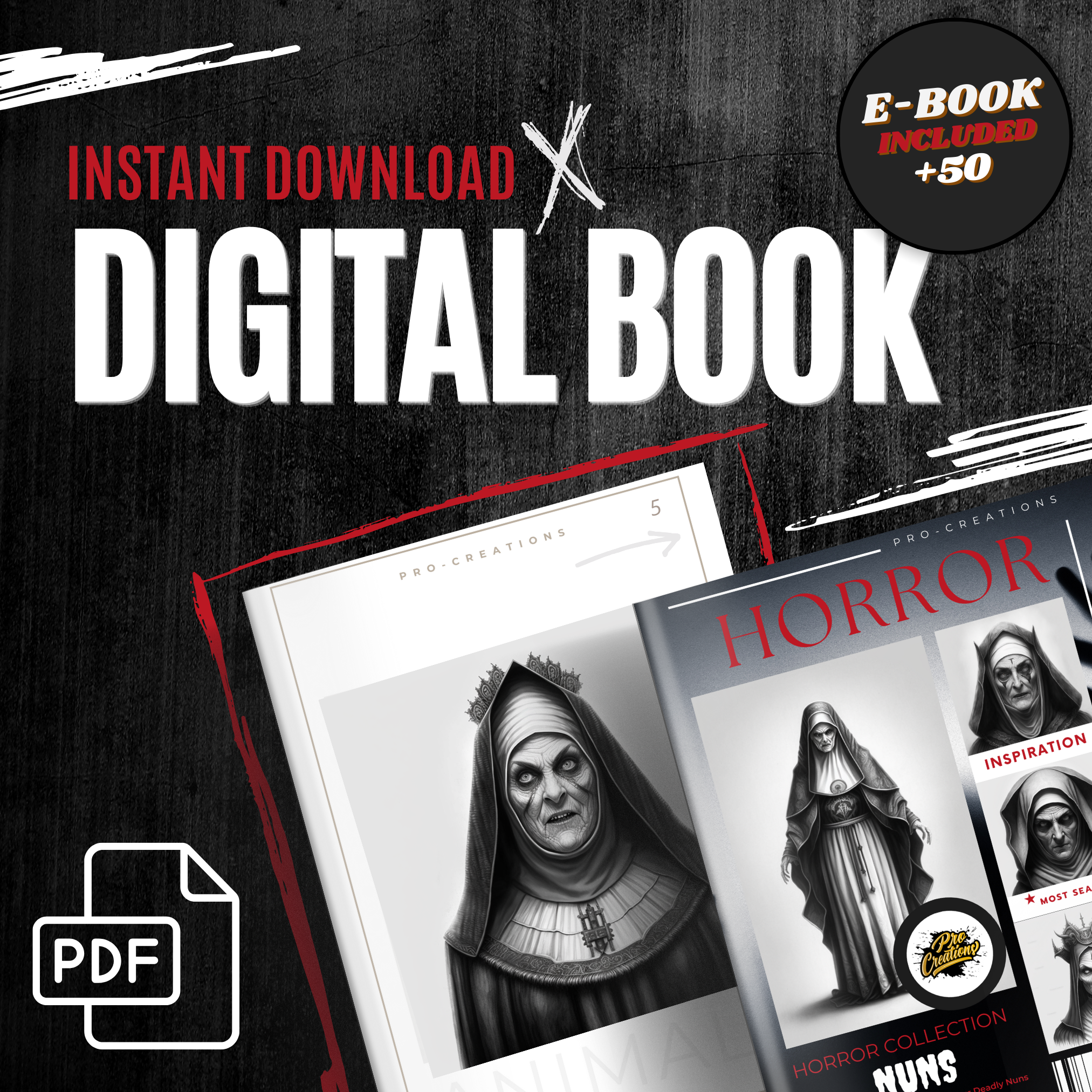 Colección de diseños de terror digital Nuns: 50 imágenes de procreate y cuadernos de bocetos