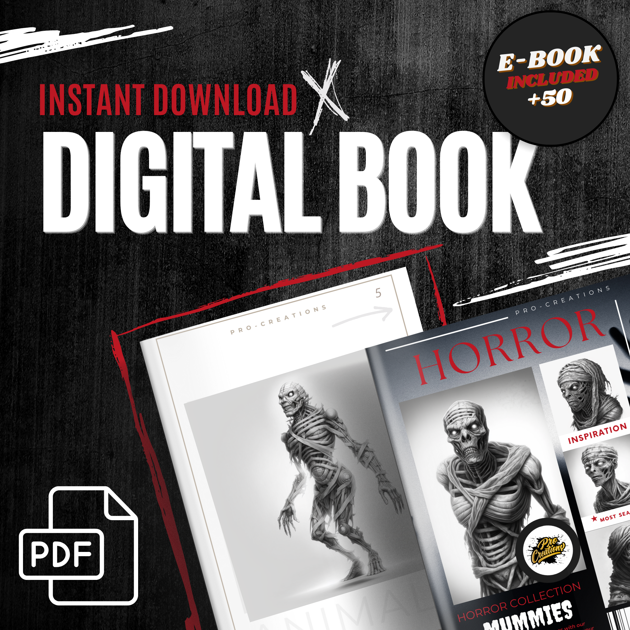 Colección de diseños de terror digital Mummies: 50 imágenes de Procreate y Sketchbook