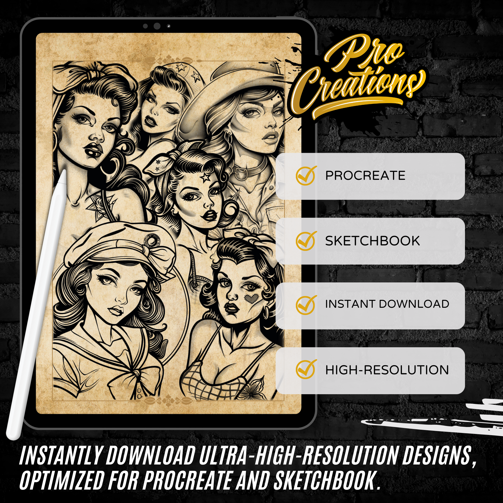 Traditional Pin-Up Girls Flash Stamp Pack – Classic Pin-Up Tattoo Designs for Procreate & Sketchbook