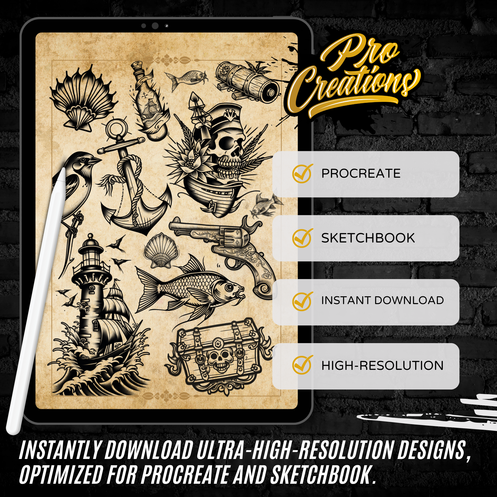 Traditional Nautical Flash Stamp Pack – Bold Maritime Tattoo Designs for Procreate & Sketchbook