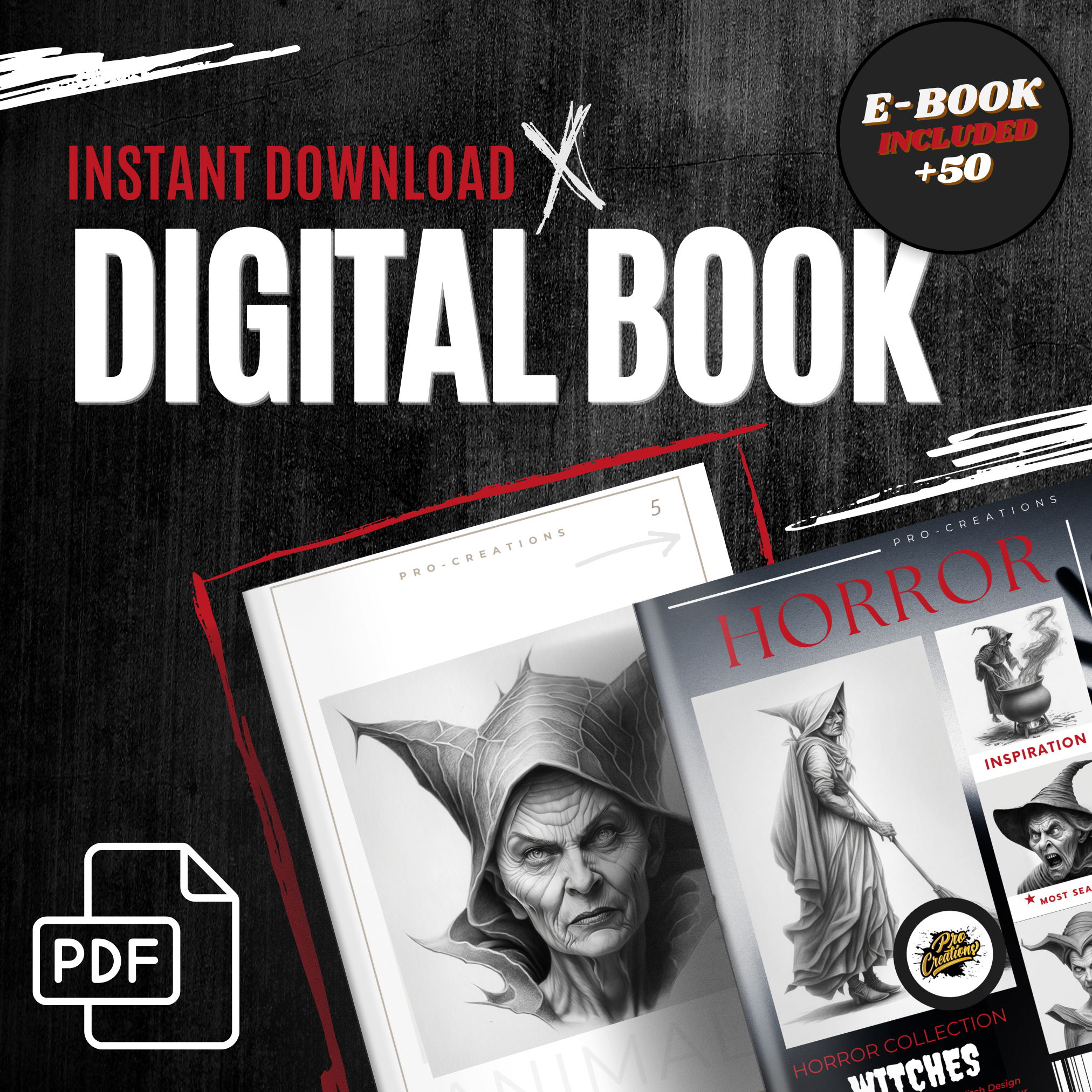 Colección de diseños de terror digital de brujas: 50 imágenes de Procreate y Sketchbook