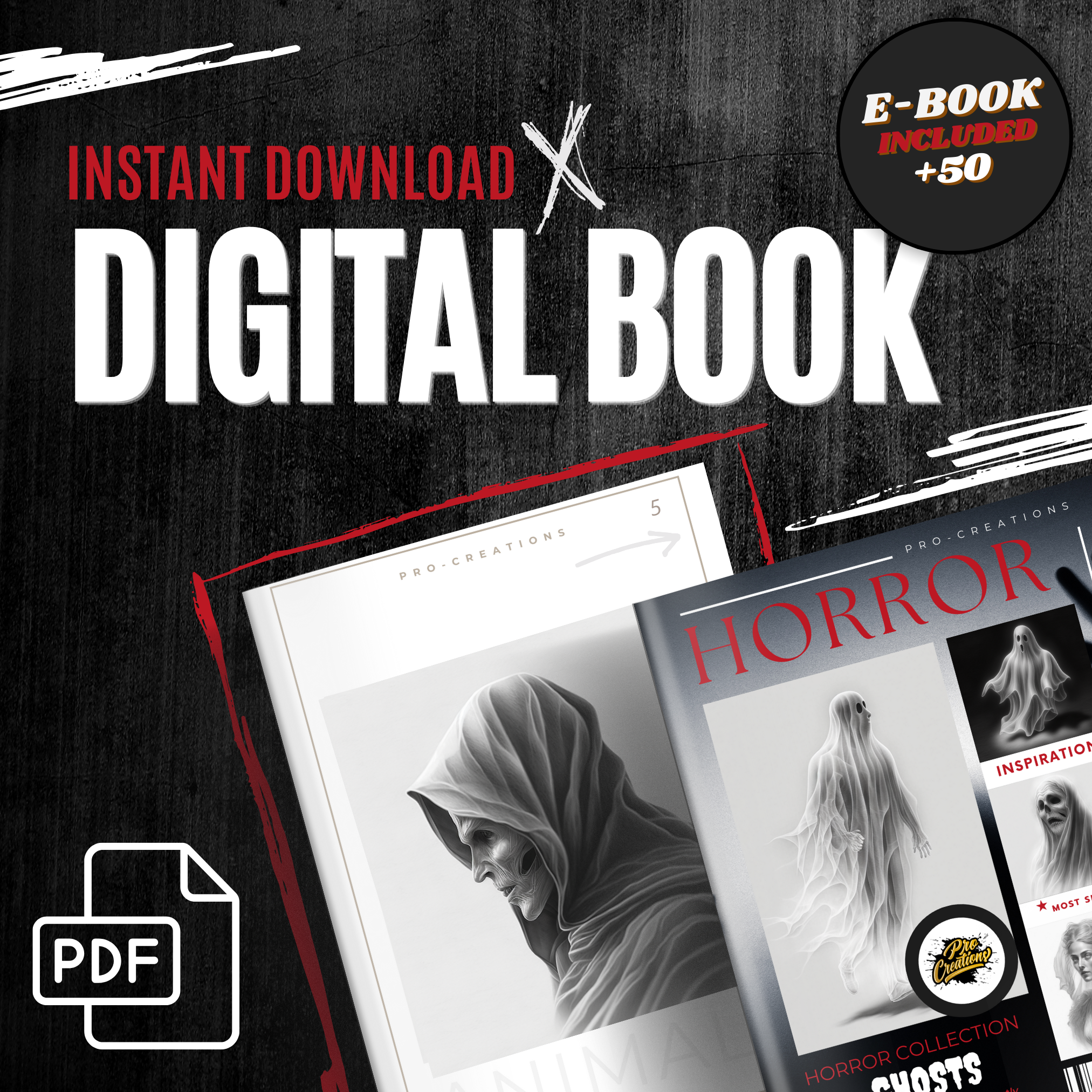 Colección de diseños de terror digital Ghosts: 50 imágenes de Procreate y Sketchbook