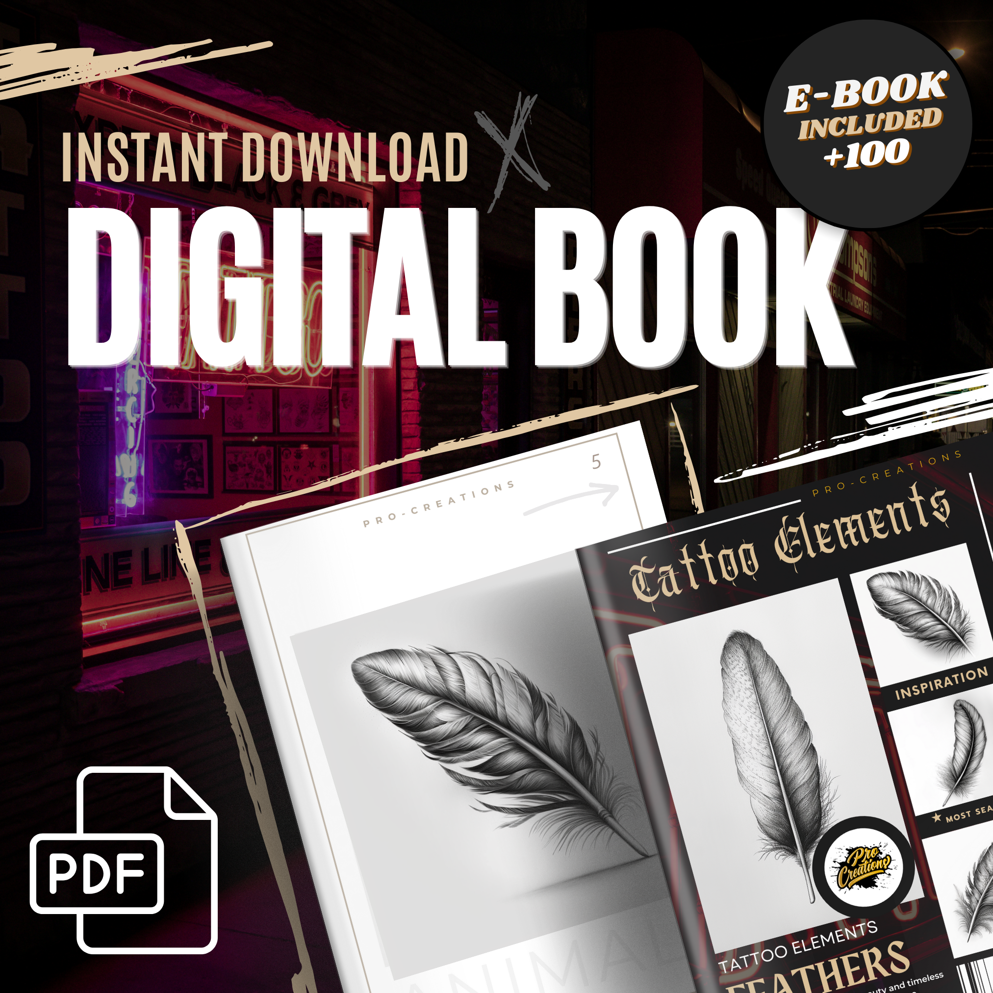 Colección de diseño de elementos de tatuaje digital de plumas: 100 imágenes de Procreate y Sketchbook