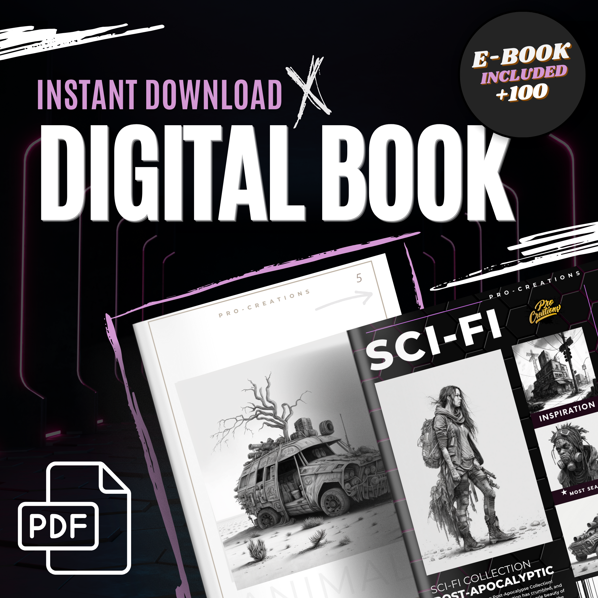 Colección de diseño de ciencia ficción digital posterior al Apocalipsis: 100 imágenes de Procreate y Sketchbook