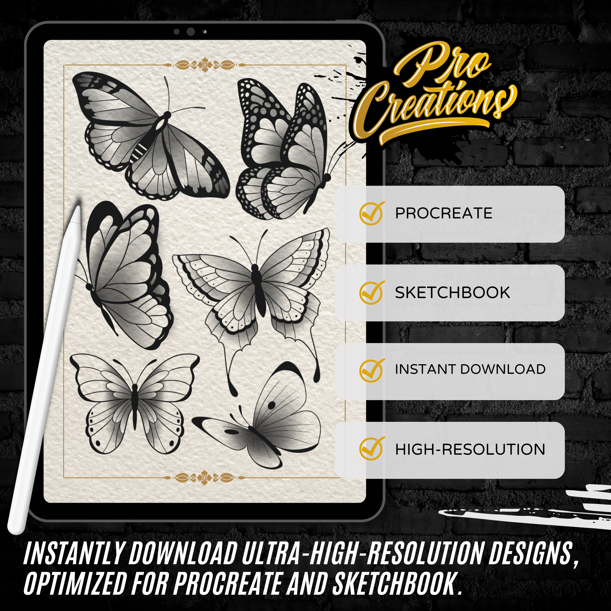 Neo-Traditional Butterflies Flash Stamp Pack – Bold Butterfly Tattoo Designs for Procreate & Sketchbook