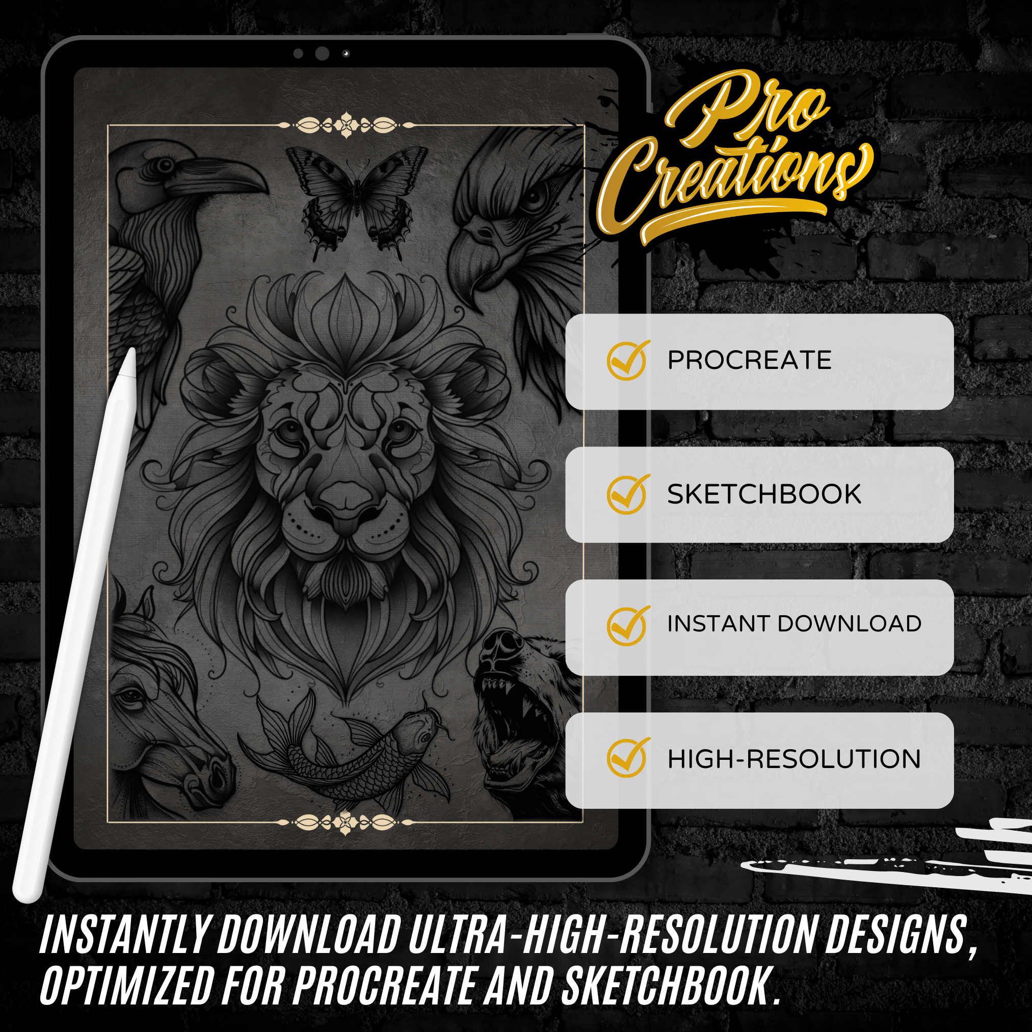 Blackwork Animals Flash Stamp Pack – Bold Tattoo Designs for Procreate & Sketchbook