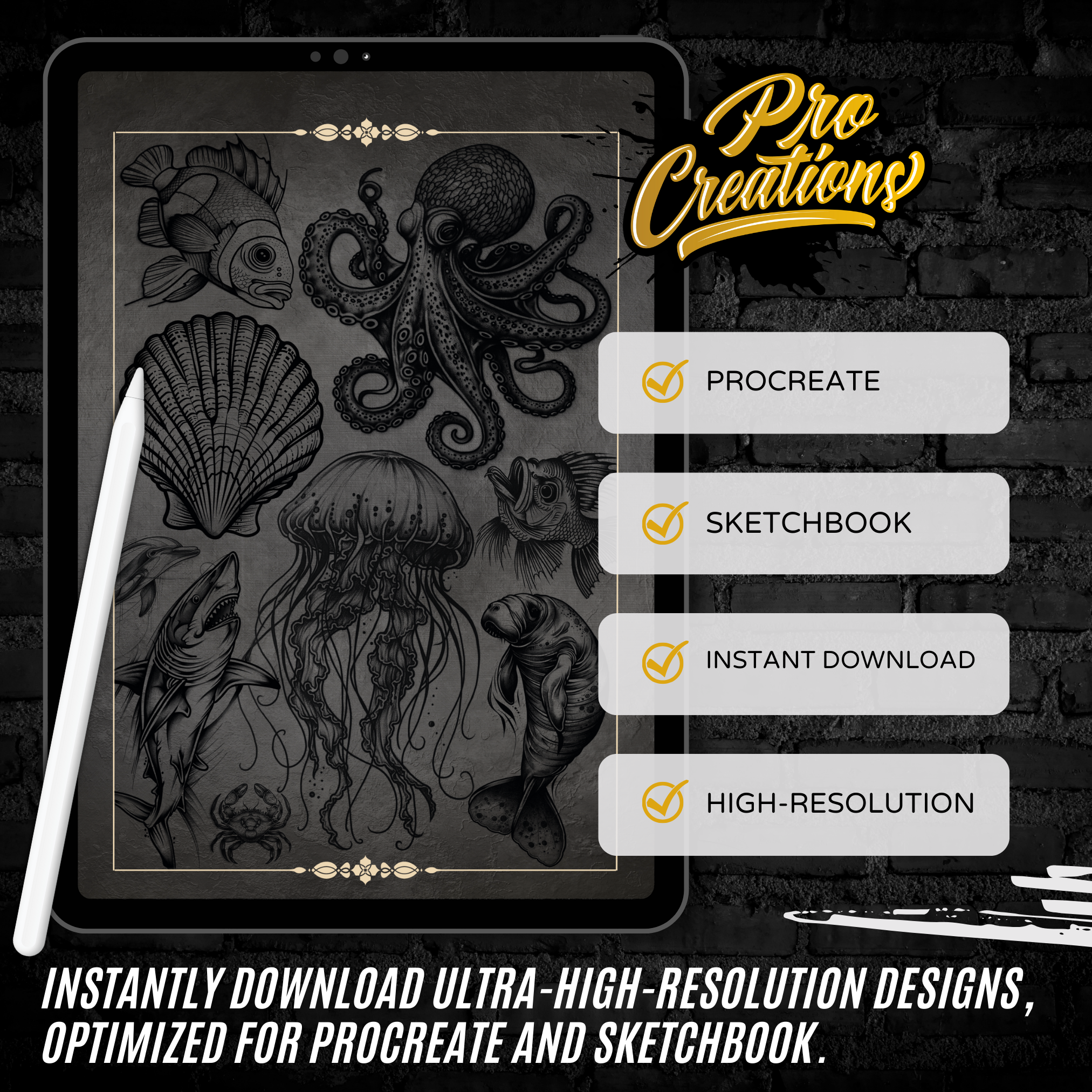 Blackwork Sea Life Flash Stamp Pack – Bold Ocean-Inspired Tattoo Designs for Procreate & Sketchbook