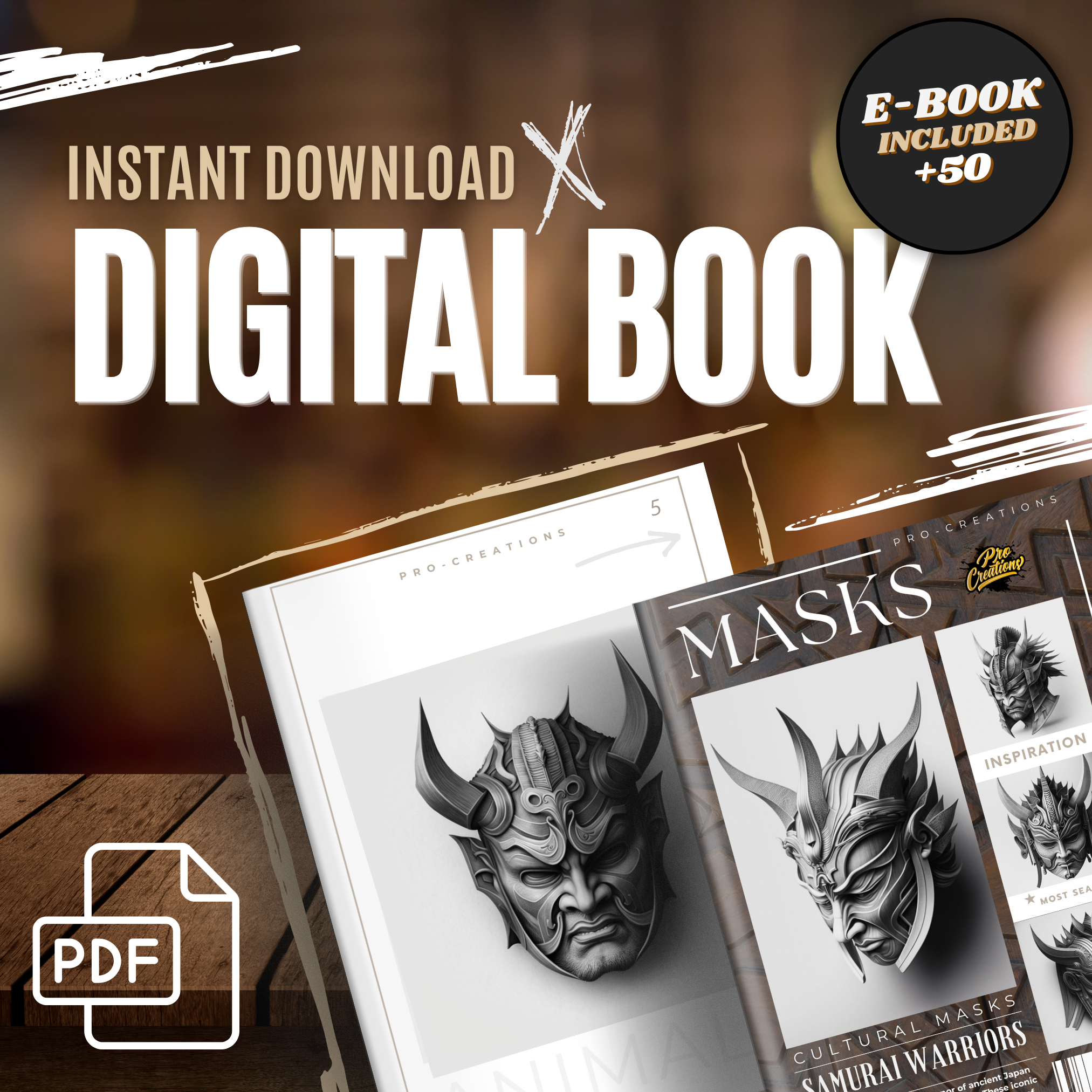 Colección de diseños de referencia digital de máscaras de guerreros samuráis: 50 imágenes de Procreate y Sketchbook
