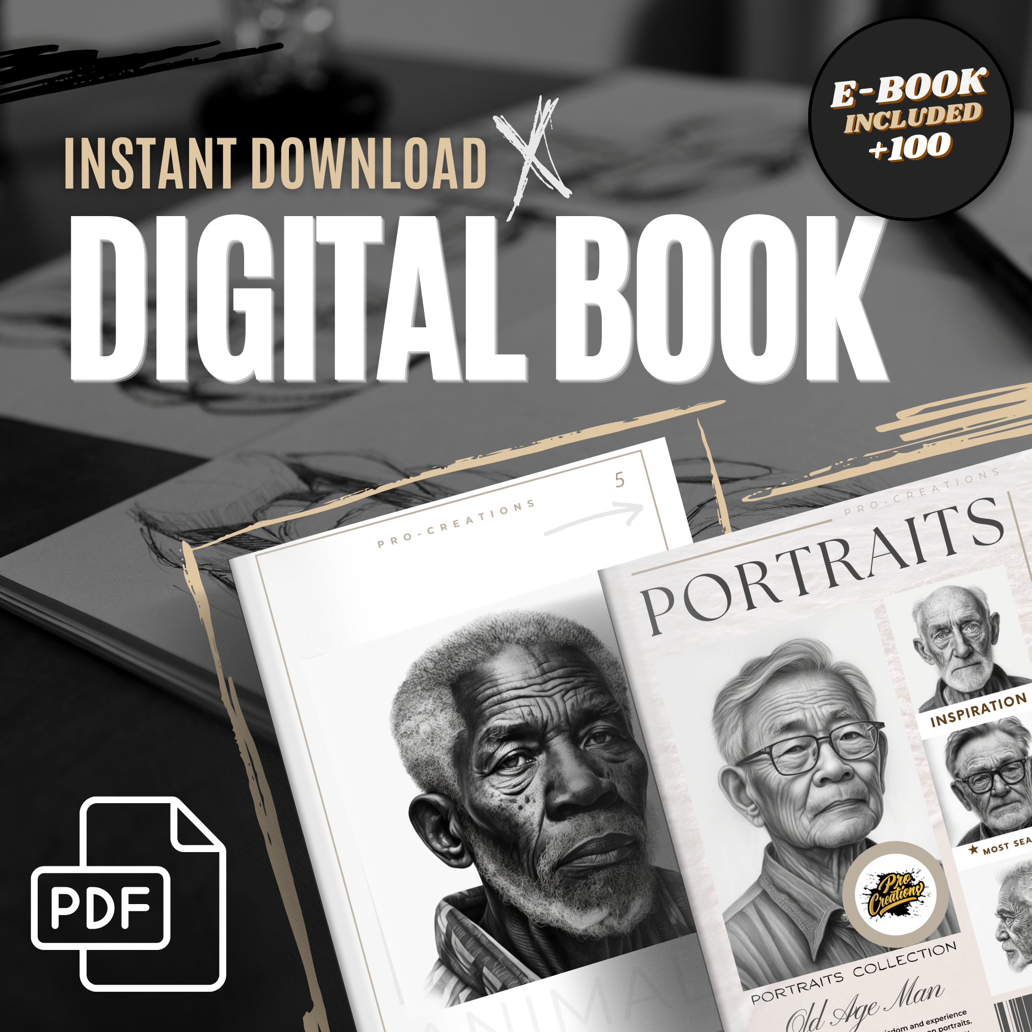 Digitale Designsammlung mit Porträts älterer Männer: 100 Procreate- und Skizzenbuchbilder