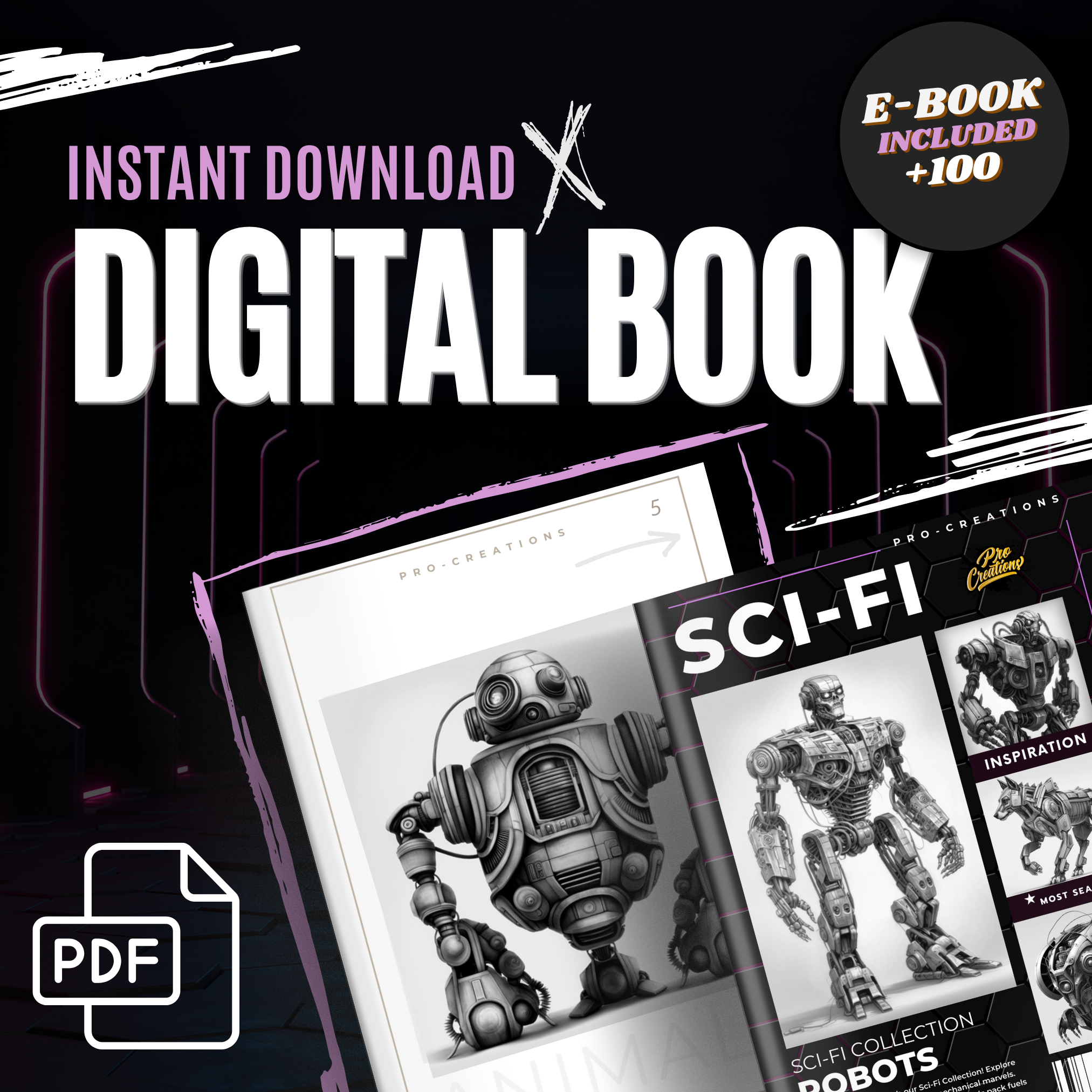 Colección de diseño de ciencia ficción digital Robots: 100 imágenes de Procreate y Sketchbook