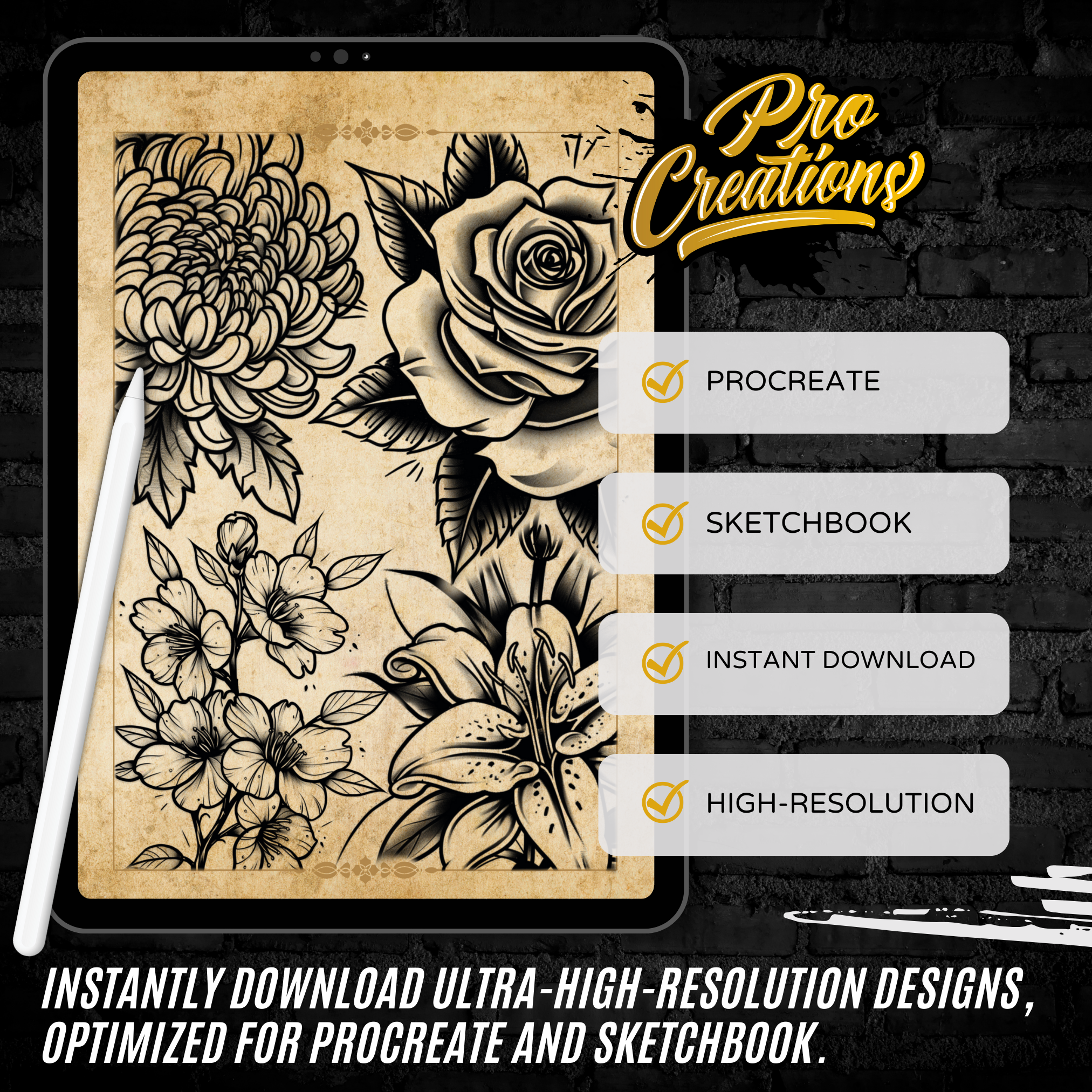 Traditional Old School Floral Flash Stamp Pack – Bold Floral Tattoo Designs for Procreate & Sketchbook