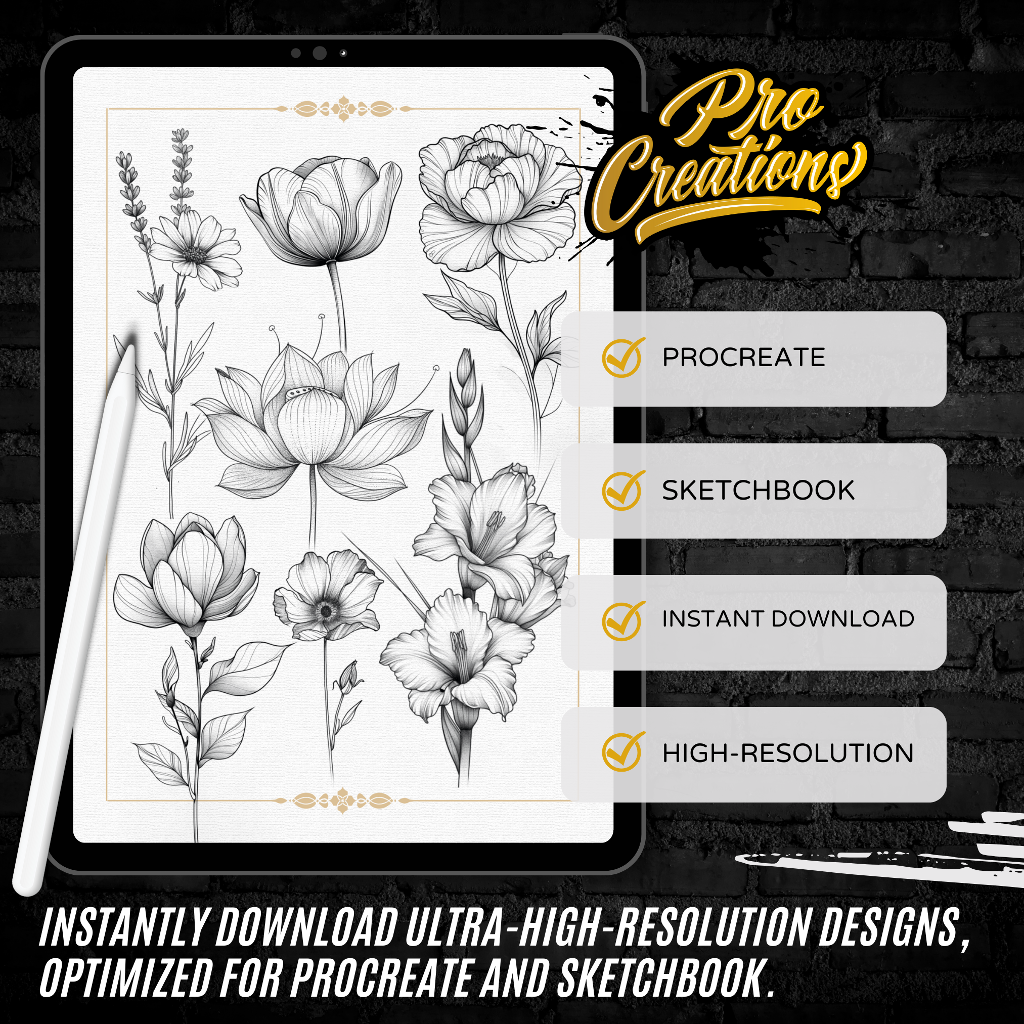 Fine Line & Minimalistic Single Stem Flowers Flash Stamp Pack – Elegant Floral Tattoo Designs for Procreate & Sketchbook