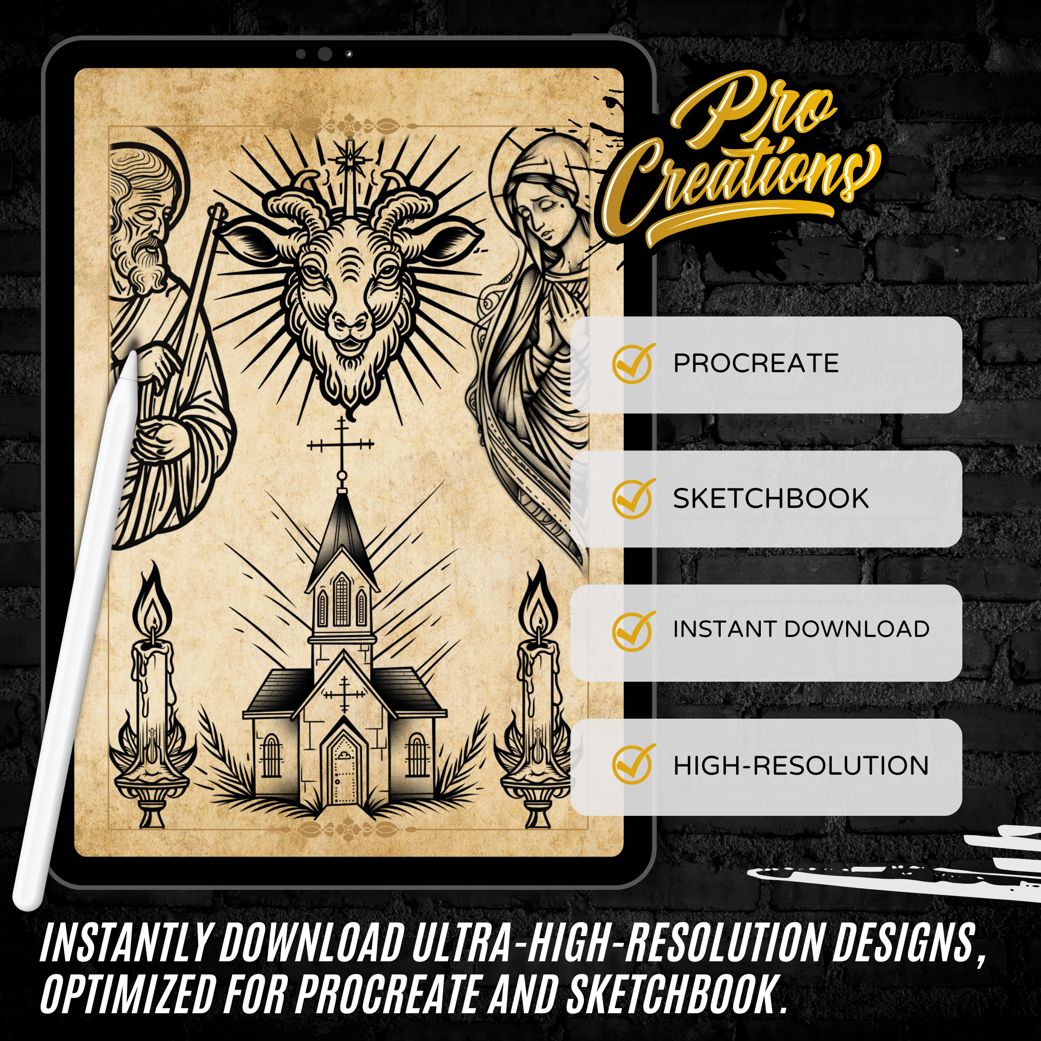 Traditional Spiritual & Religious Flash Stamp Pack – Classic Religious Tattoo Designs for Procreate & Sketchbook