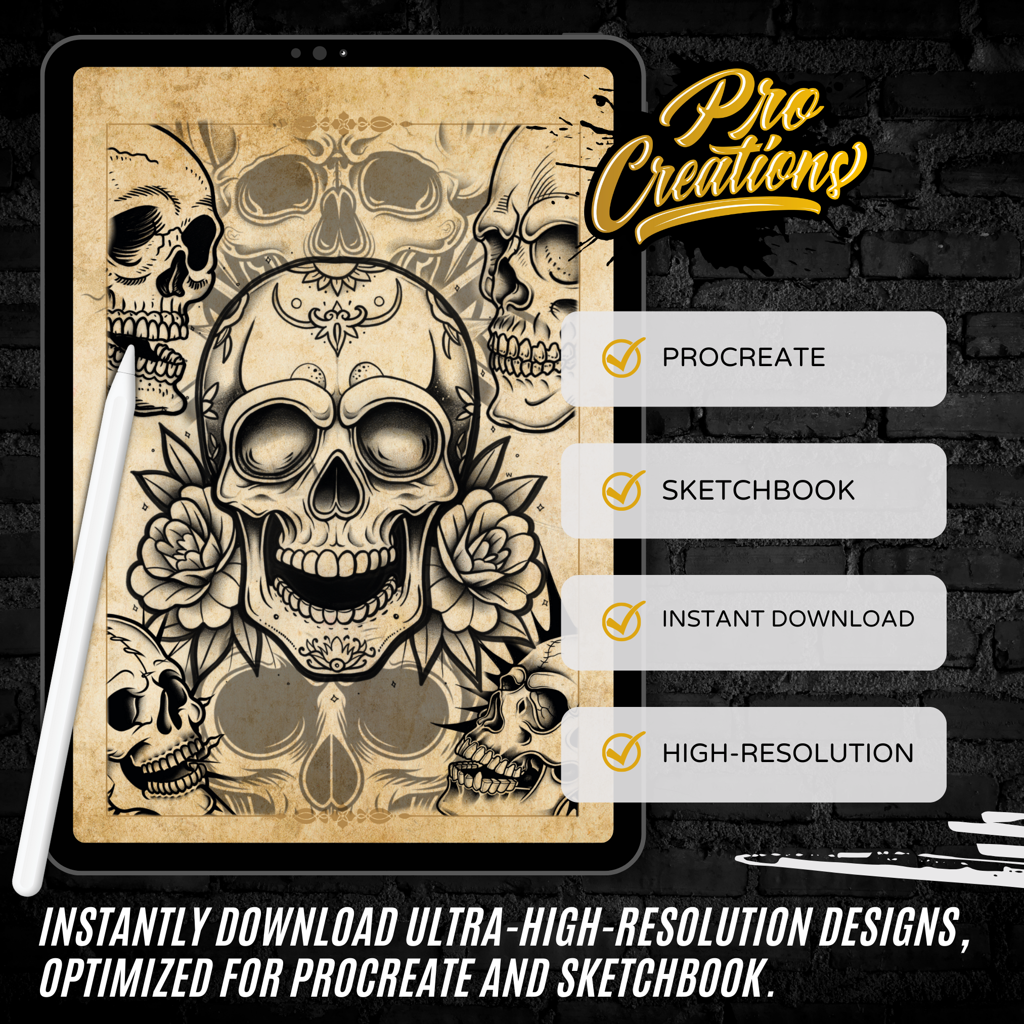 Traditional Skull and Bones Flash Stamp Pack – Bold Skull Tattoo Designs for Procreate & Sketchbook