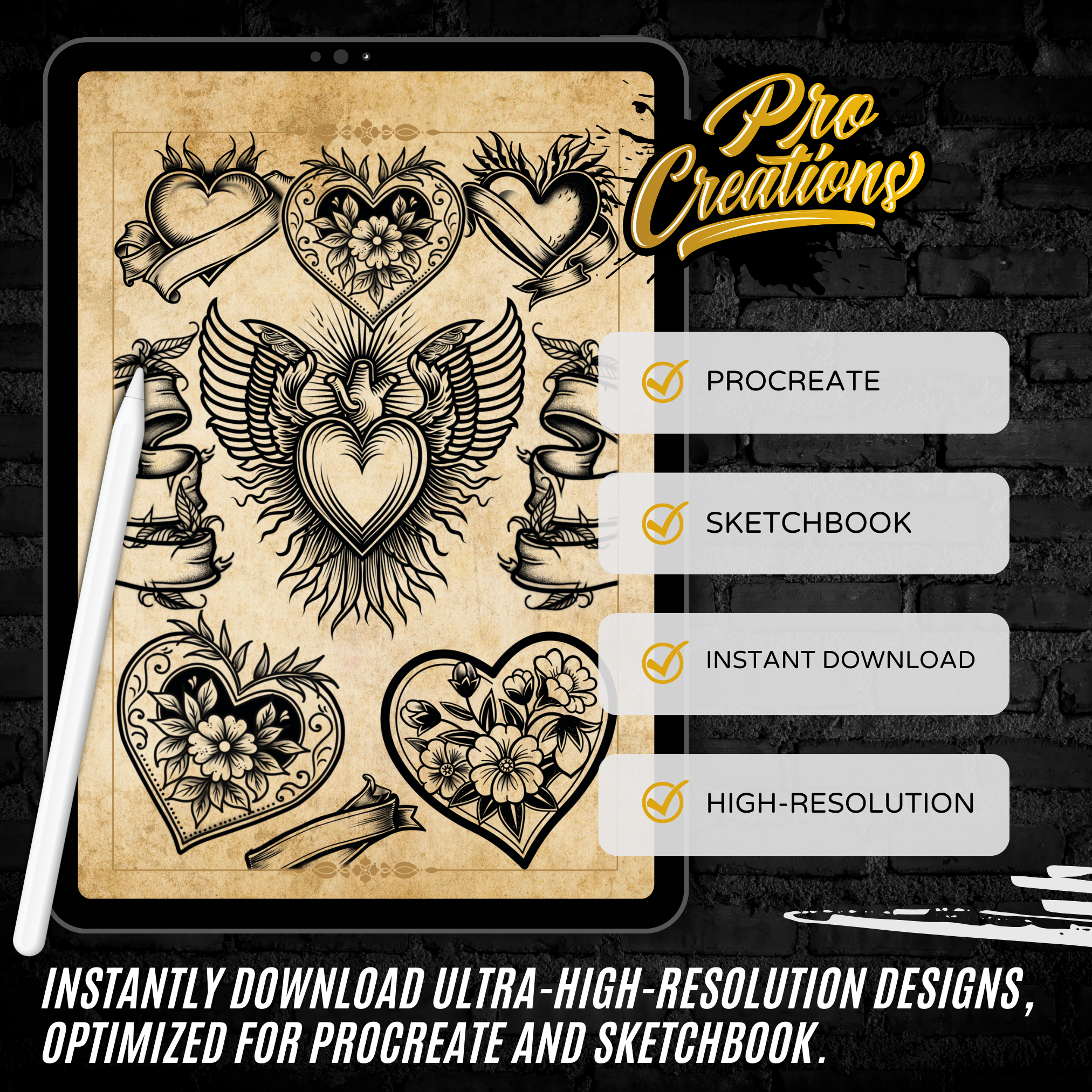 Traditional Heart and Banner Flash Stamp Pack – Classic Tattoo Designs for Procreate & Sketchbook