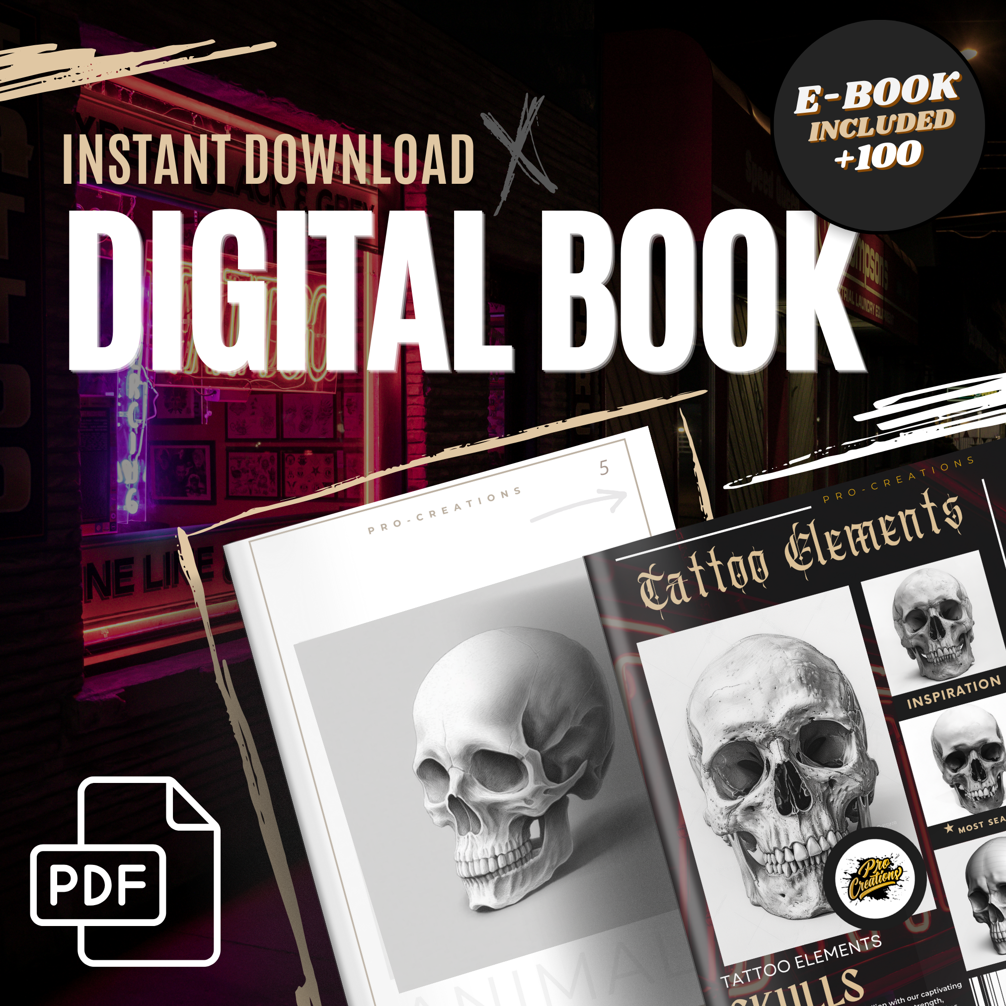 Digitale Tattoo-Element-Designsammlung mit Totenköpfen: 100 Procreate- und Skizzenbuchbilder