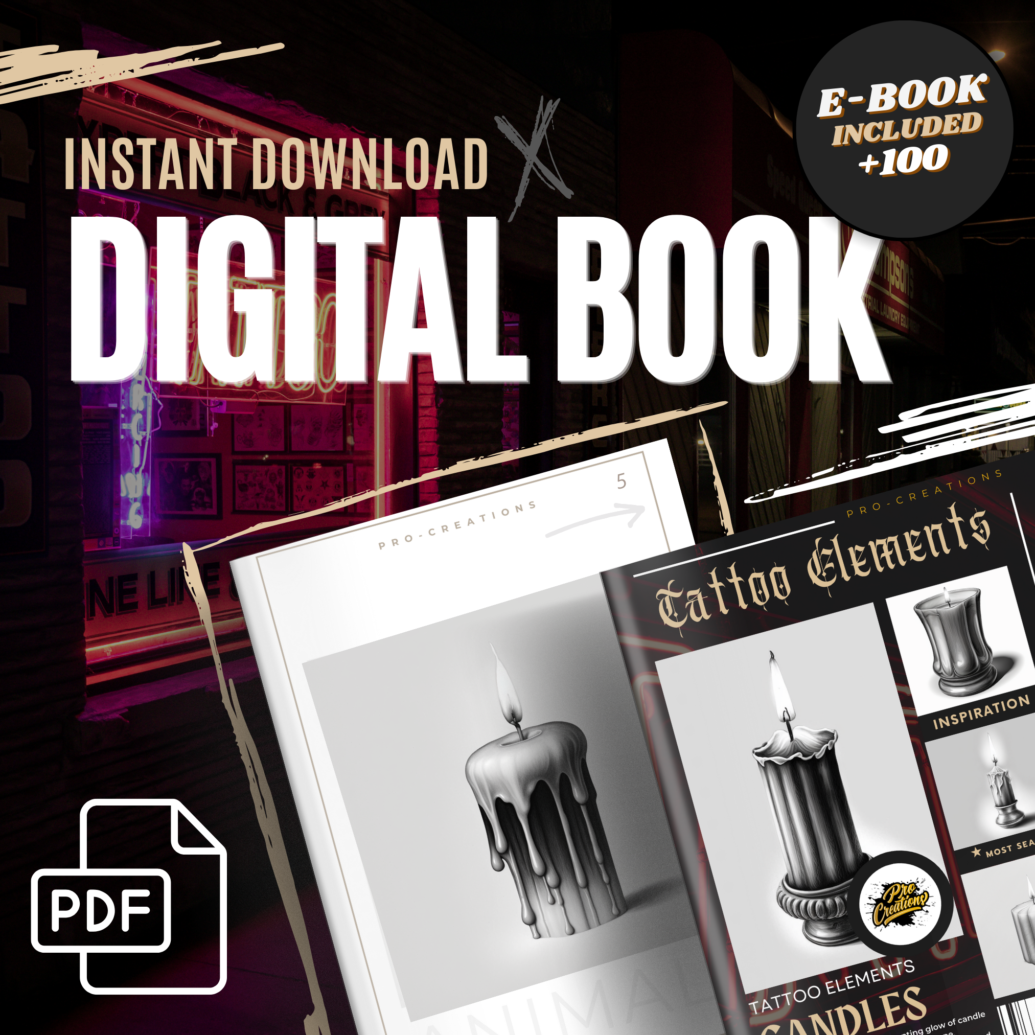 Kerzen Digitale Tattoo-Element-Design-Sammlung: 100 Procreate &amp; Skizzenbuch-Bilder
