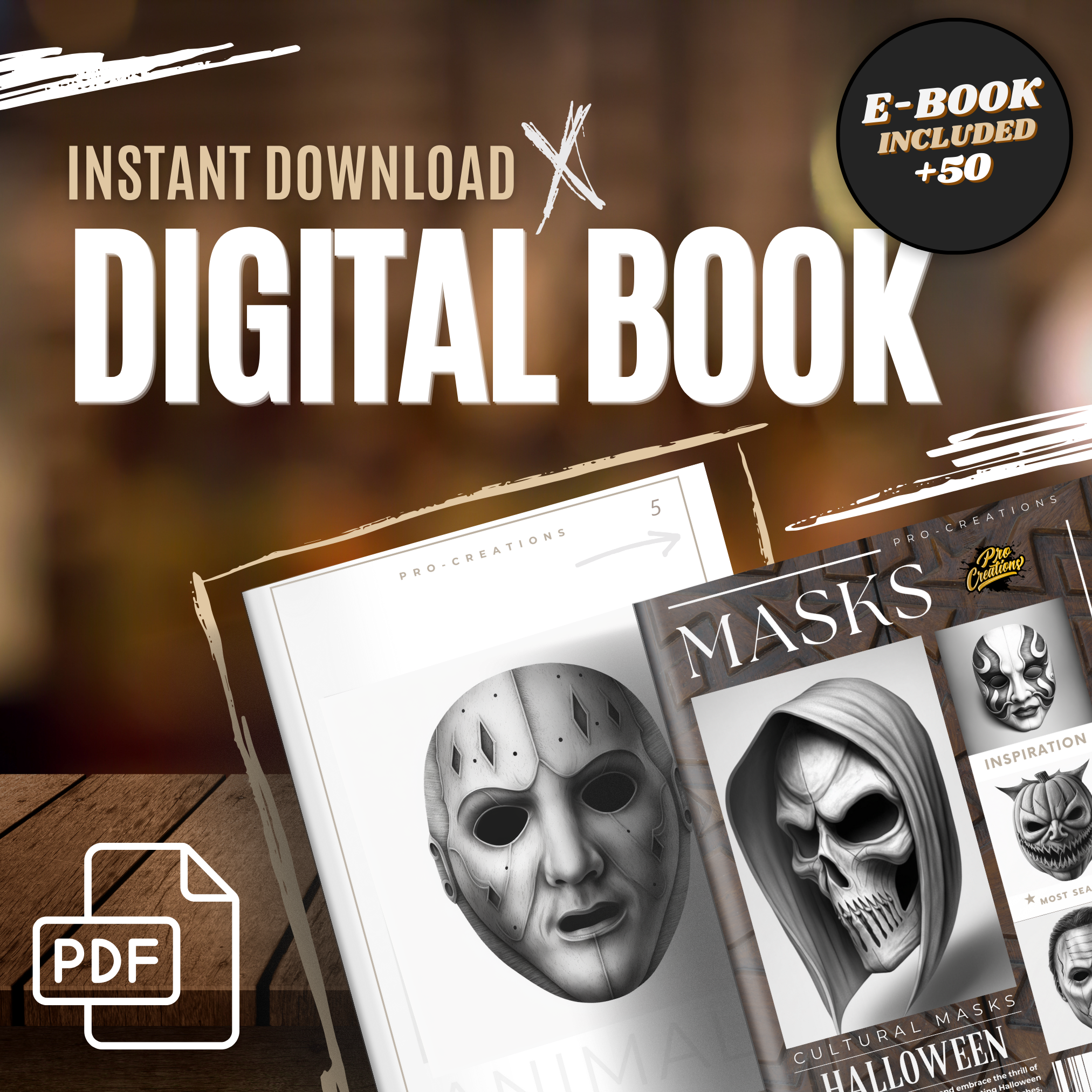 Colección de diseños de referencia digital de máscaras de Halloween: 50 imágenes de Procreate y Sketchbook