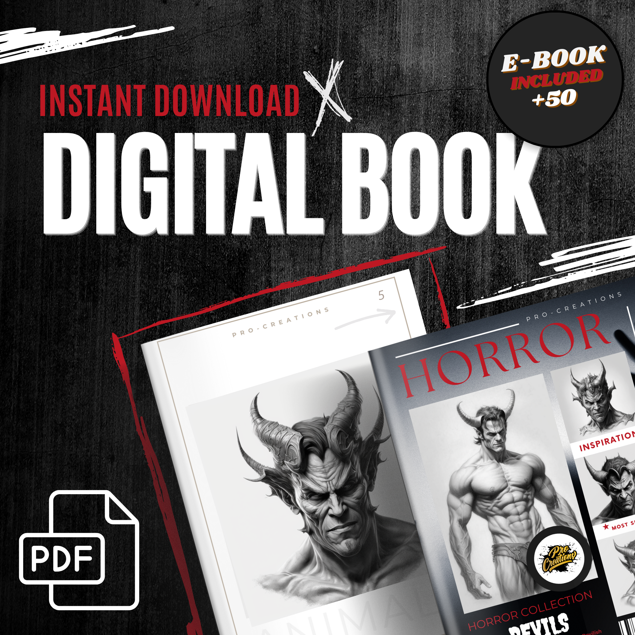 Colección de diseños de terror digital Devils: 50 imágenes de Procreate y Sketchbook