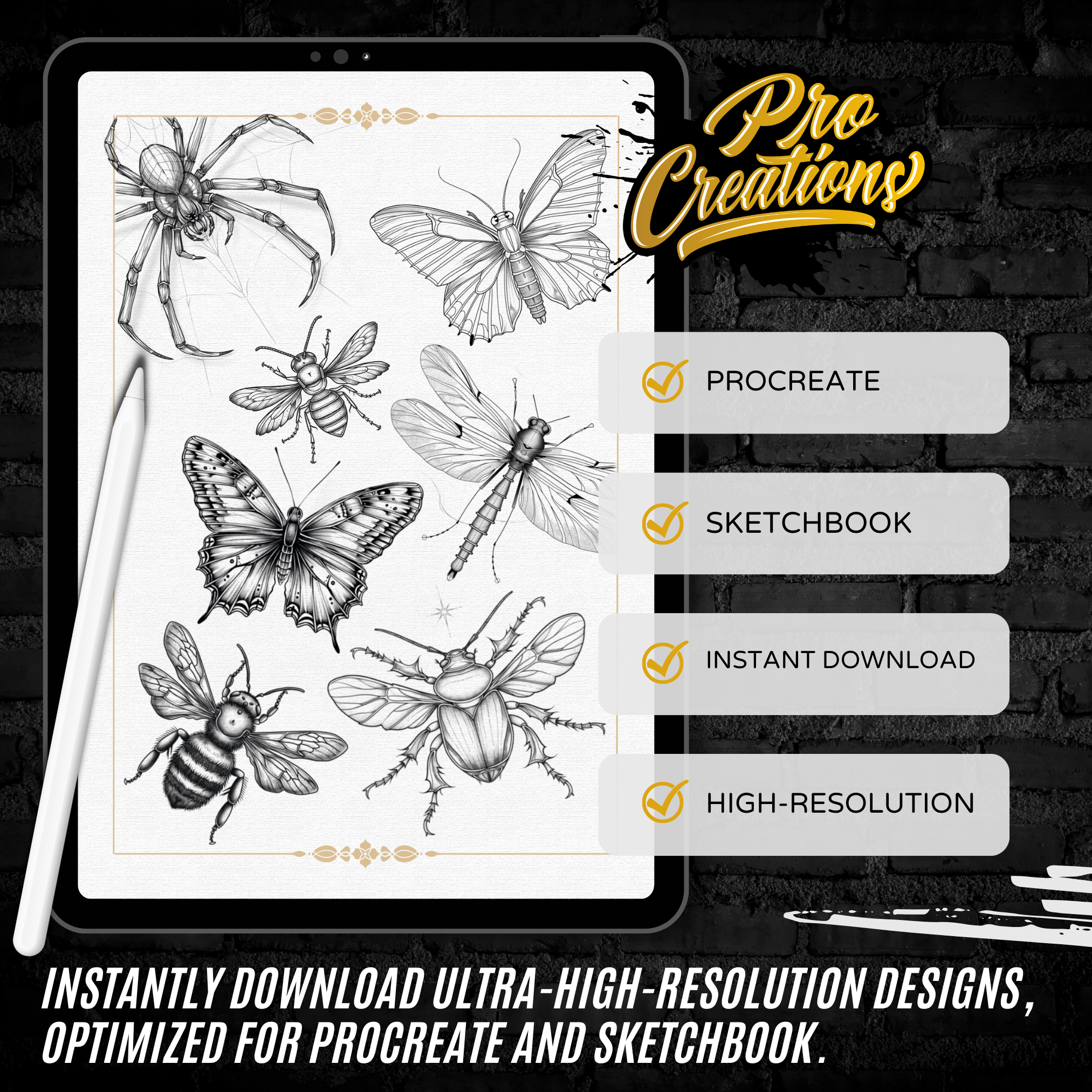 Fine Line & Minimalistic Insects & Bugs Flash Stamp Pack – Delicate Bug Tattoo Designs for Procreate & Sketchbook