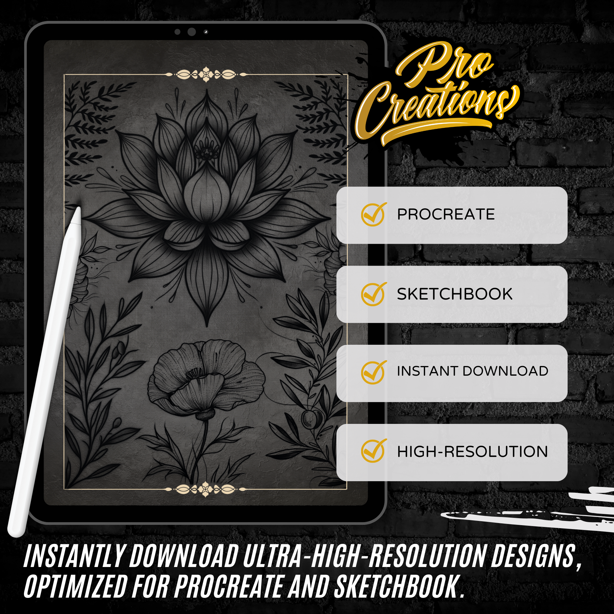 Blackwork Floral Flash Stamp Pack – Bold Floral Tattoo Designs for Procreate & Sketchbook