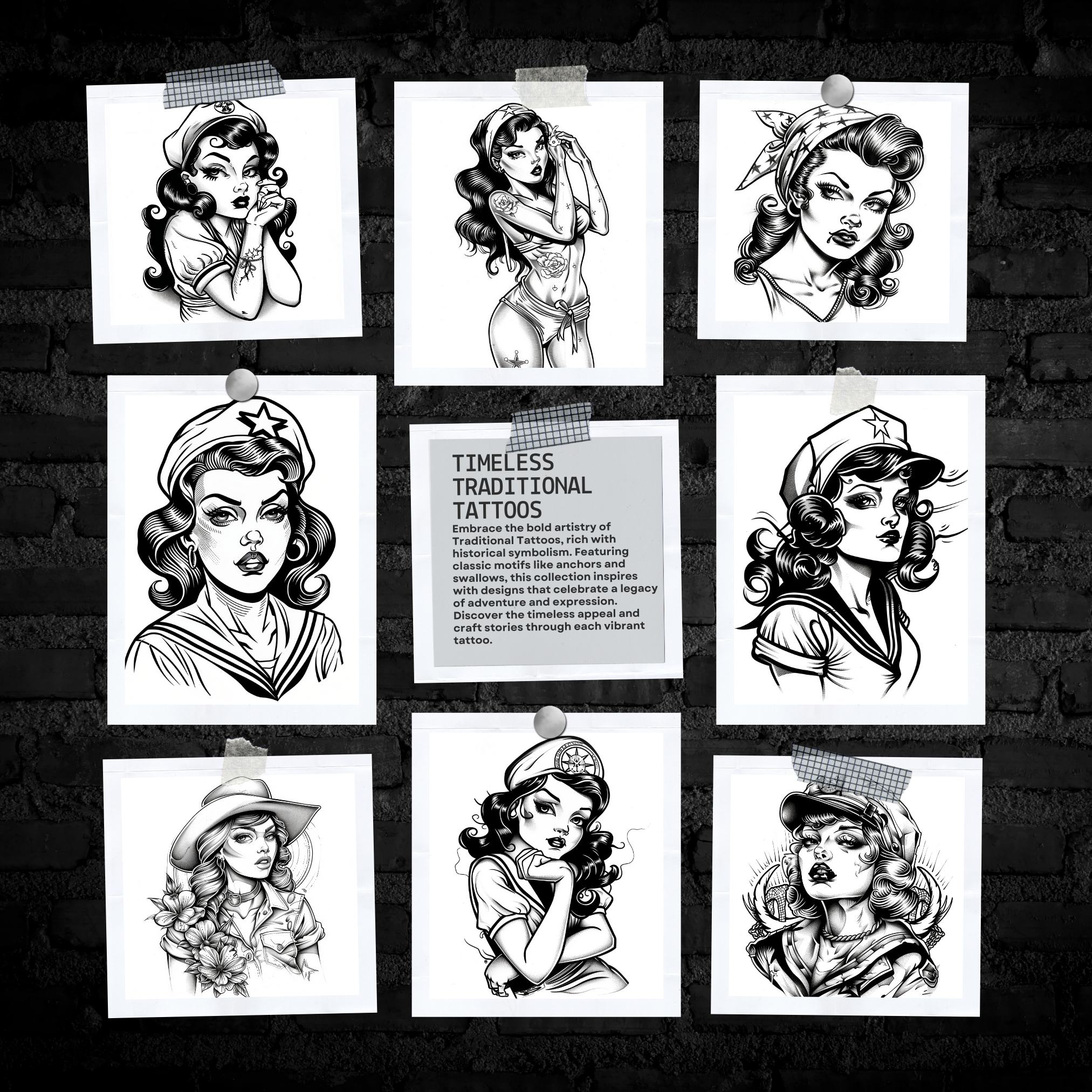 Traditional Pin-Up Girls Flash Stamp Pack – Classic Pin-Up Tattoo Designs for Procreate & Sketchbook