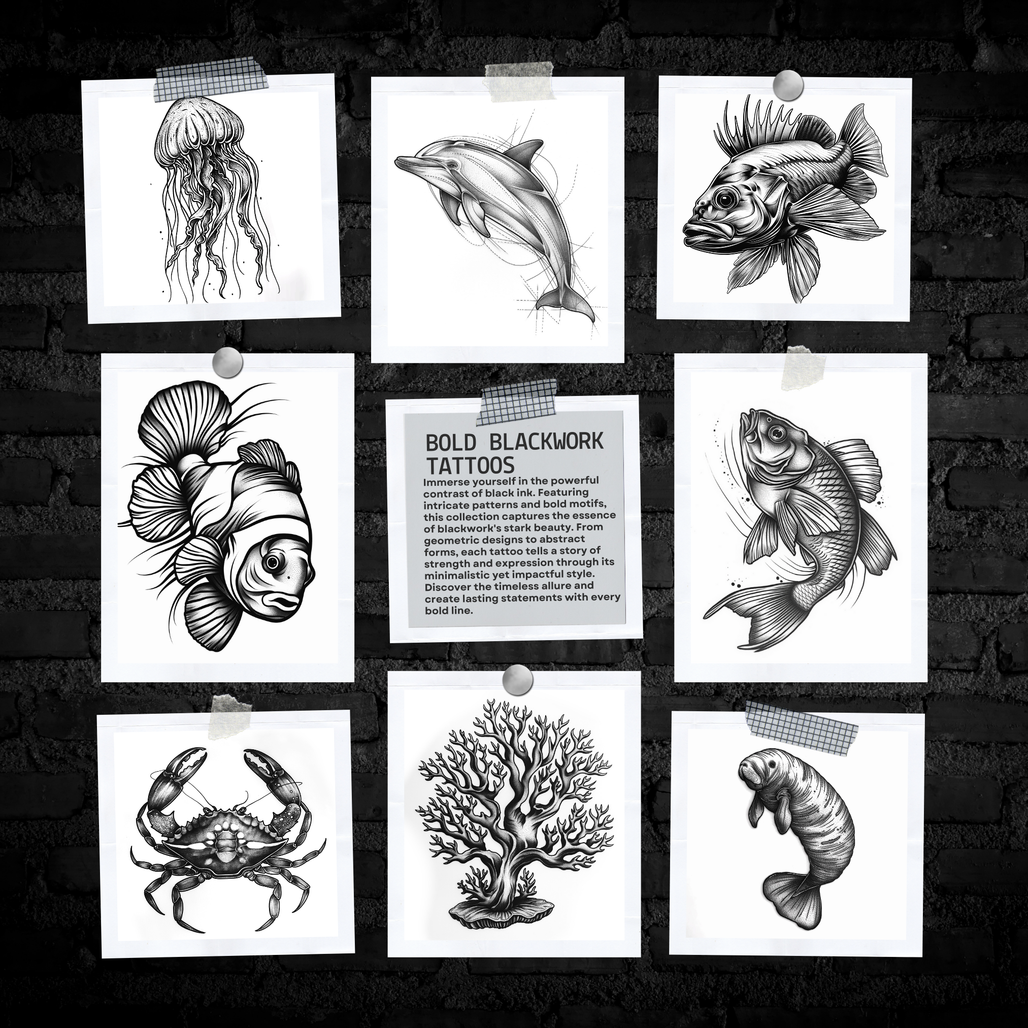 Blackwork Sea Life Flash Stamp Pack – Bold Ocean-Inspired Tattoo Designs for Procreate & Sketchbook