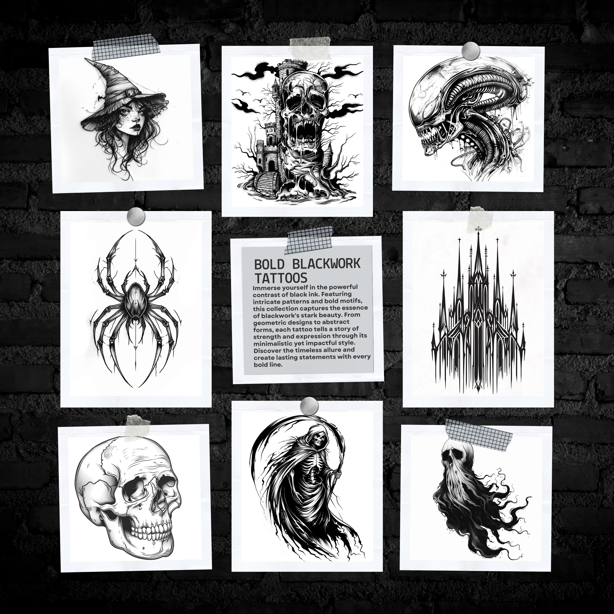 Blackwork Horror Flash Stamp Pack – Dark Tattoo Designs for Procreate & Sketchbook