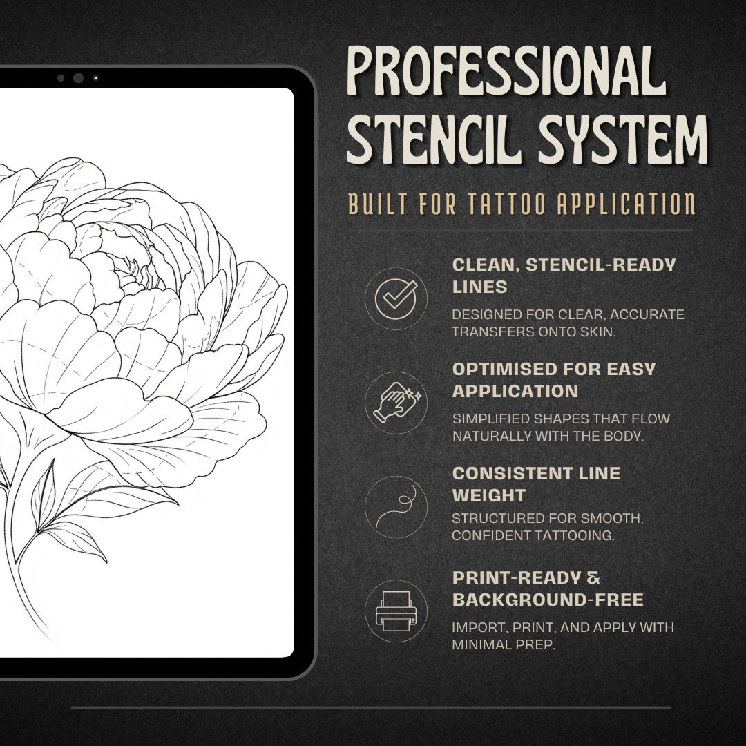 Peonies Procreate tattoo brush stamp set — design 6