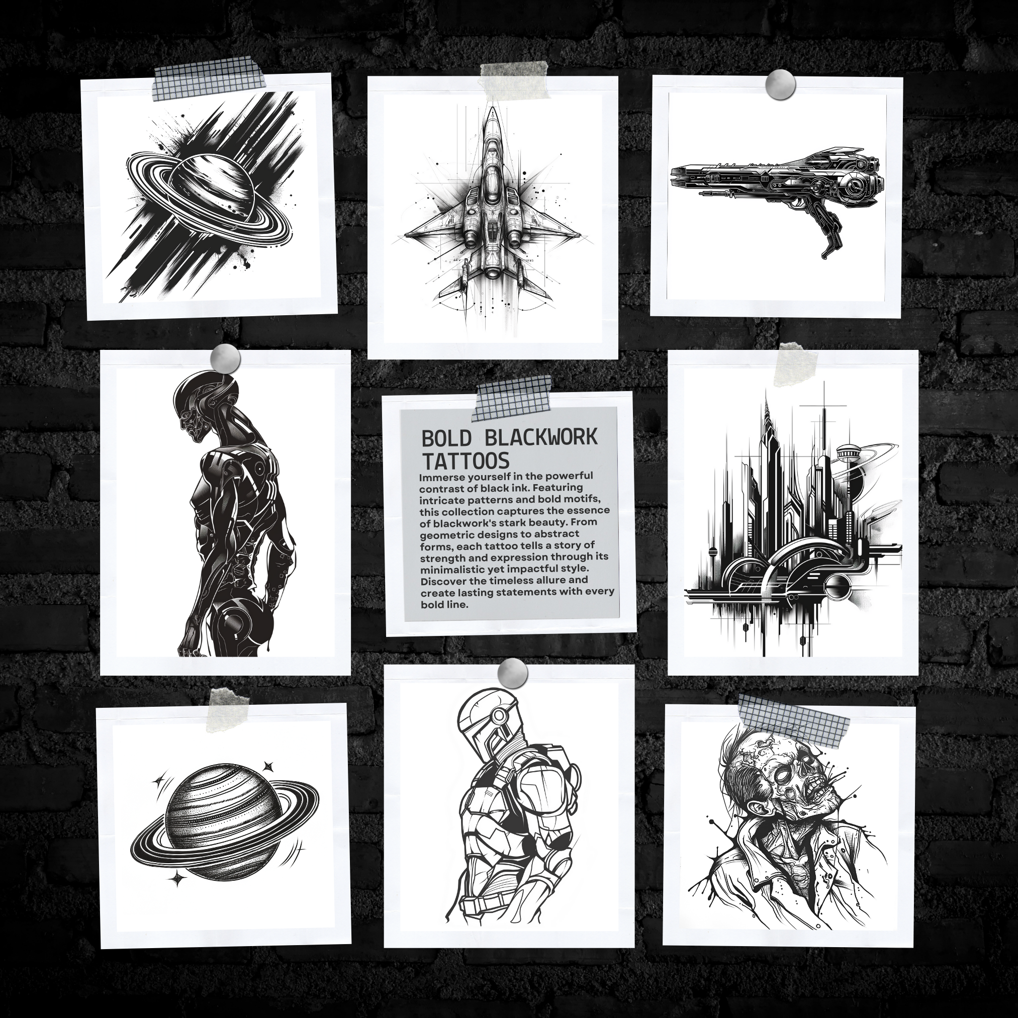 Blackwork Fantasy Sci-Fi Flash Stamp Pack – Futuristic & Mythical Tattoo Designs for Procreate & Sketchbook