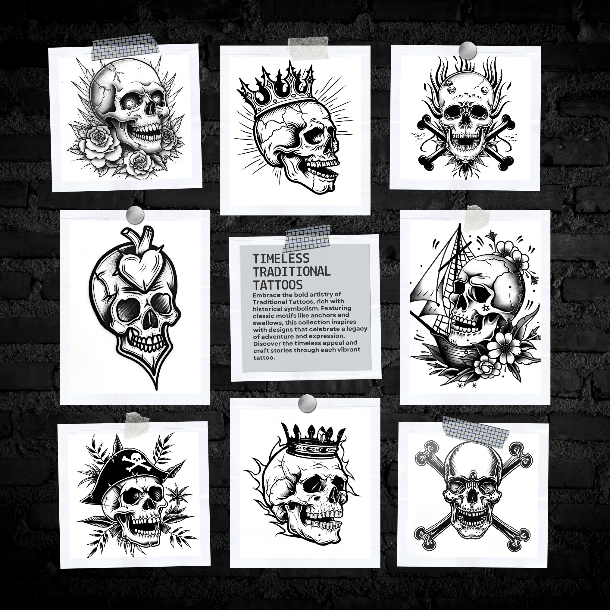 Traditional Skull and Bones Flash Stamp Pack – Bold Skull Tattoo Designs for Procreate & Sketchbook