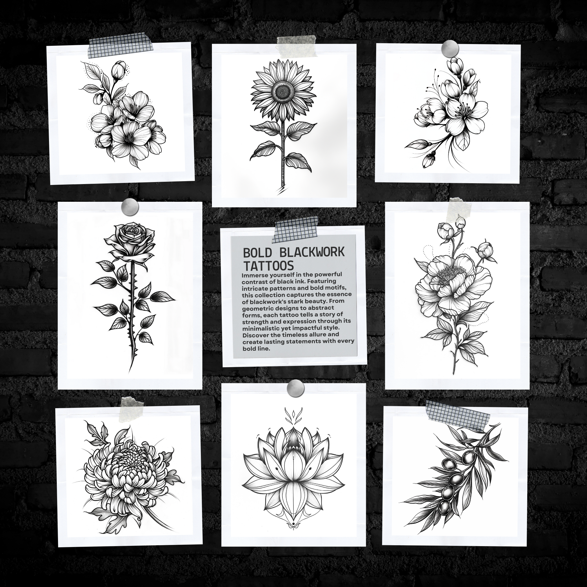 Blackwork Floral Flash Stamp Pack – Bold Floral Tattoo Designs for Procreate & Sketchbook