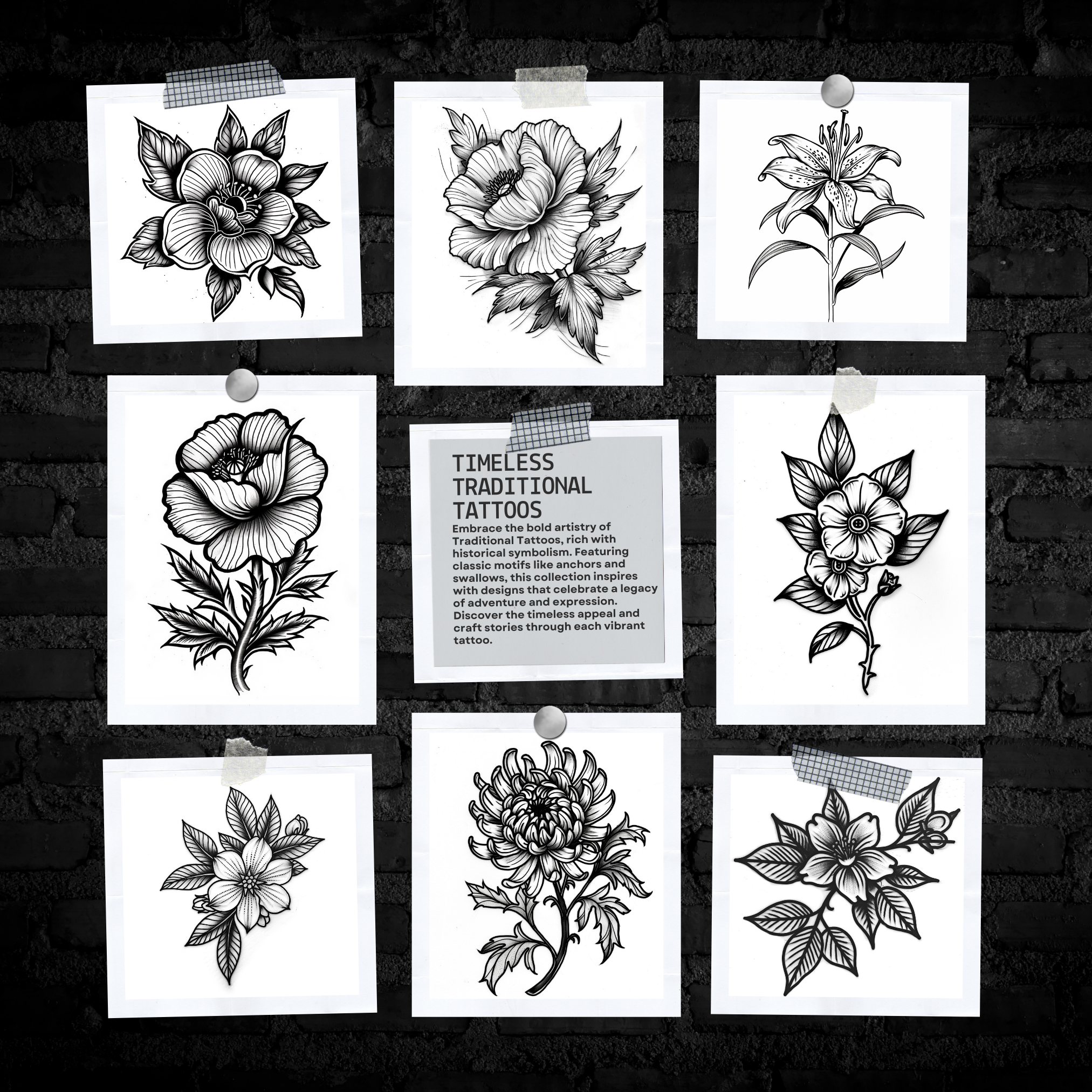 Traditional Old School Floral Flash Stamp Pack – Bold Floral Tattoo Designs for Procreate & Sketchbook