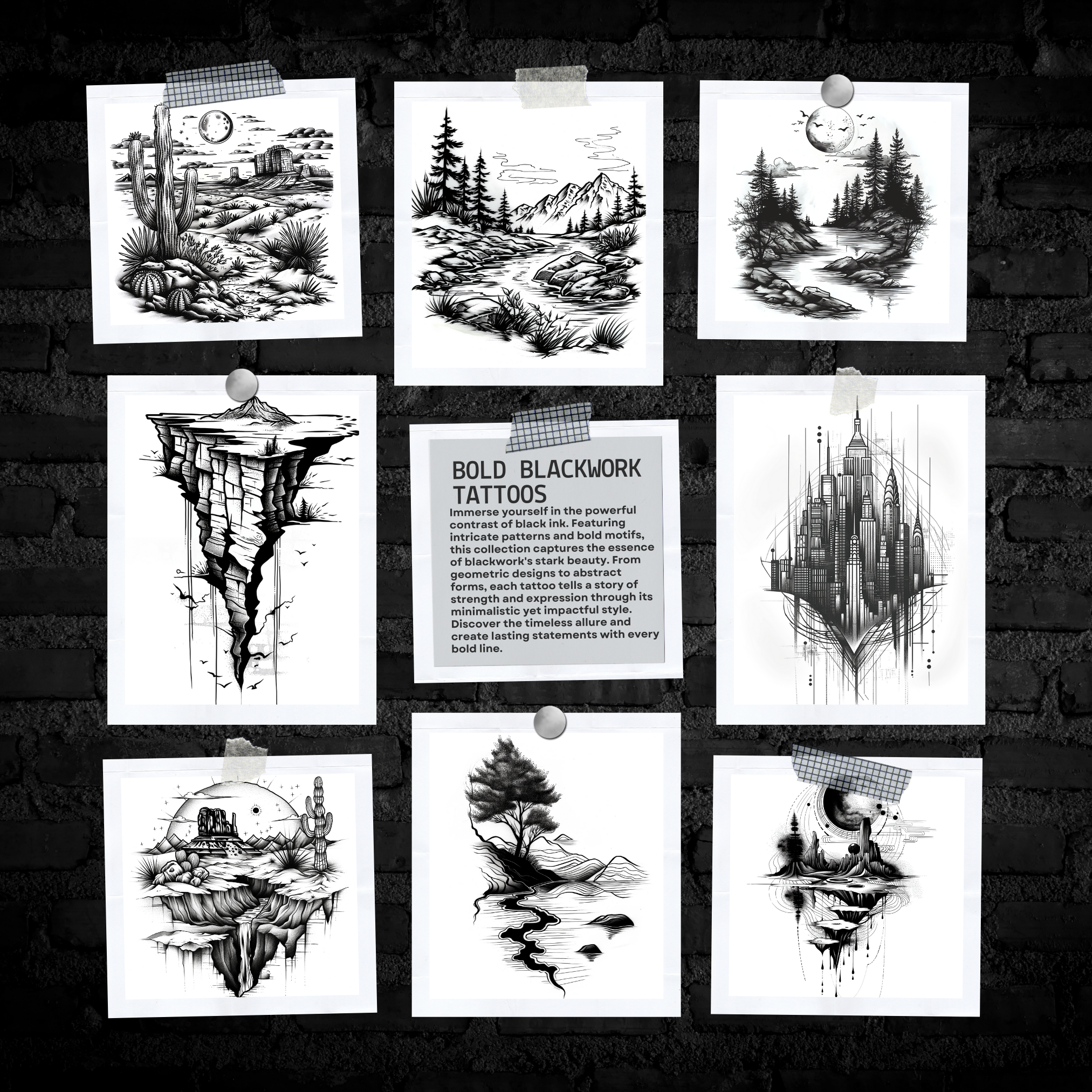 Blackwork Landscapes Flash Stamp Pack – Bold Scenic Tattoo Designs for Procreate & Sketchbook