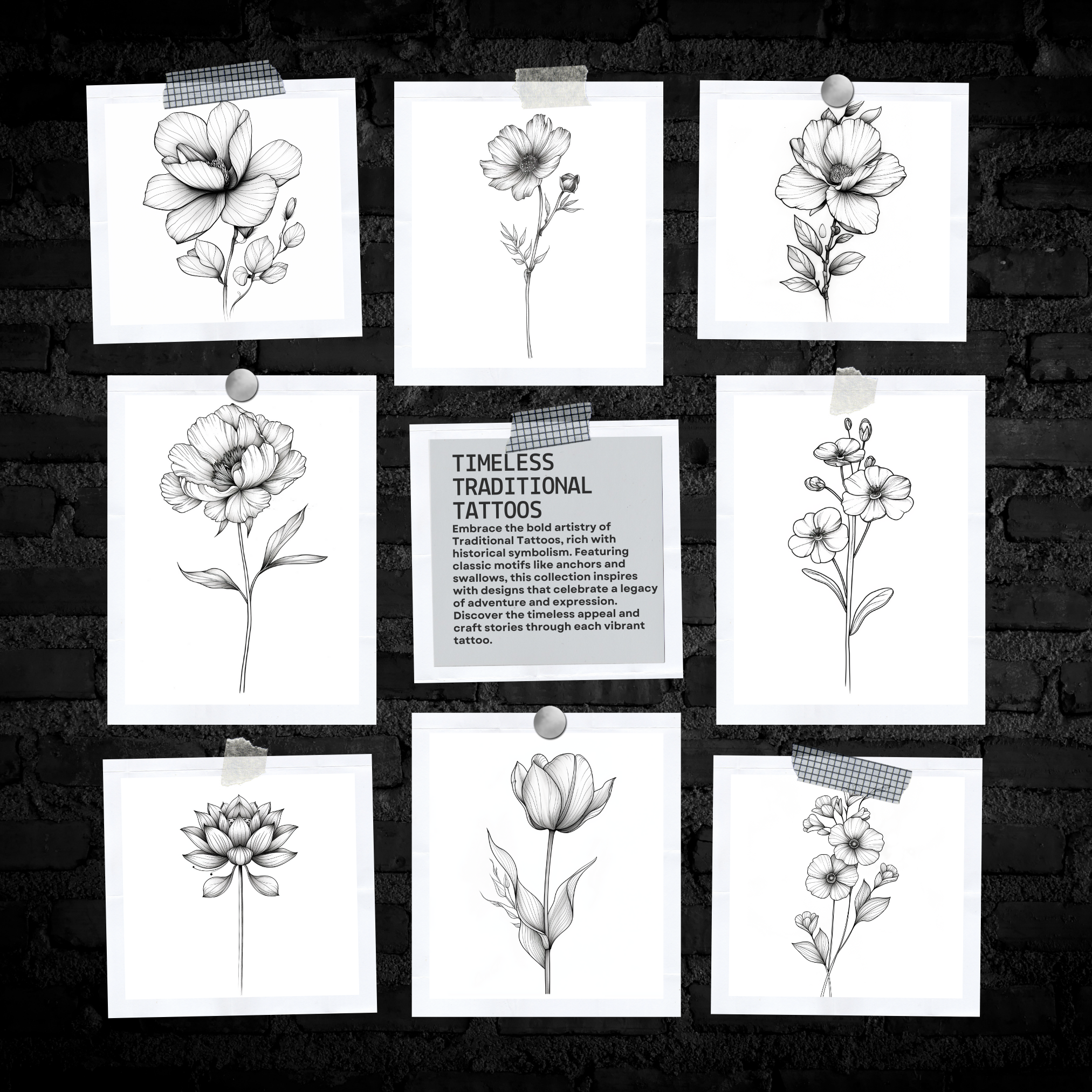 Fine Line & Minimalistic Single Stem Flowers Flash Stamp Pack – Elegant Floral Tattoo Designs for Procreate & Sketchbook