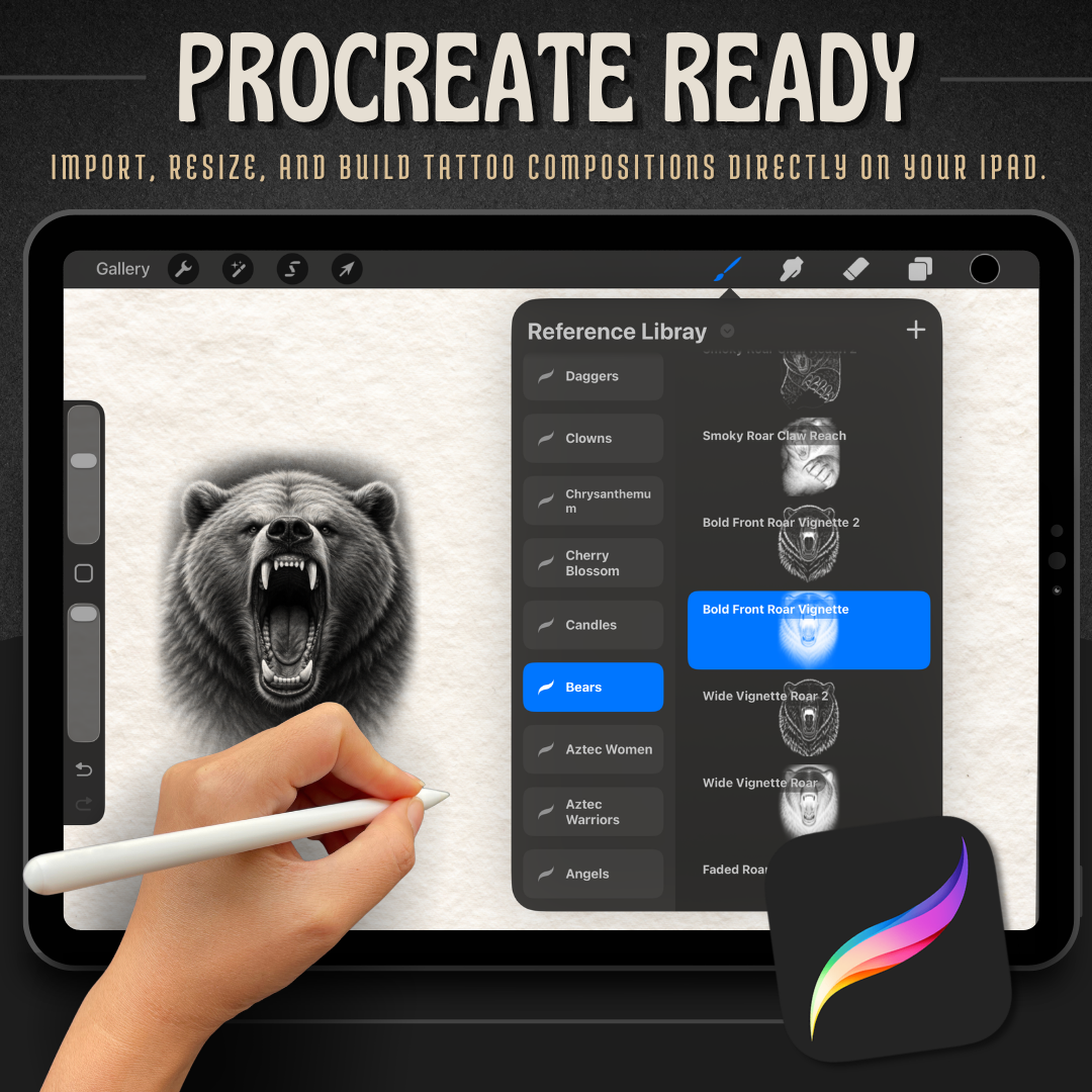 Bears Procreate tattoo brush stamp set — design 7