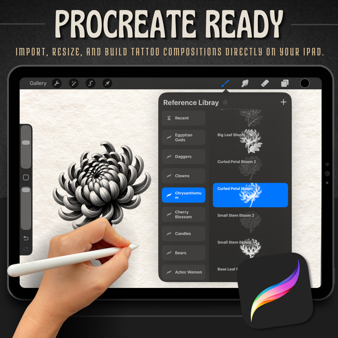 Chrysanthemum Procreate tattoo brush stamp set — design 7