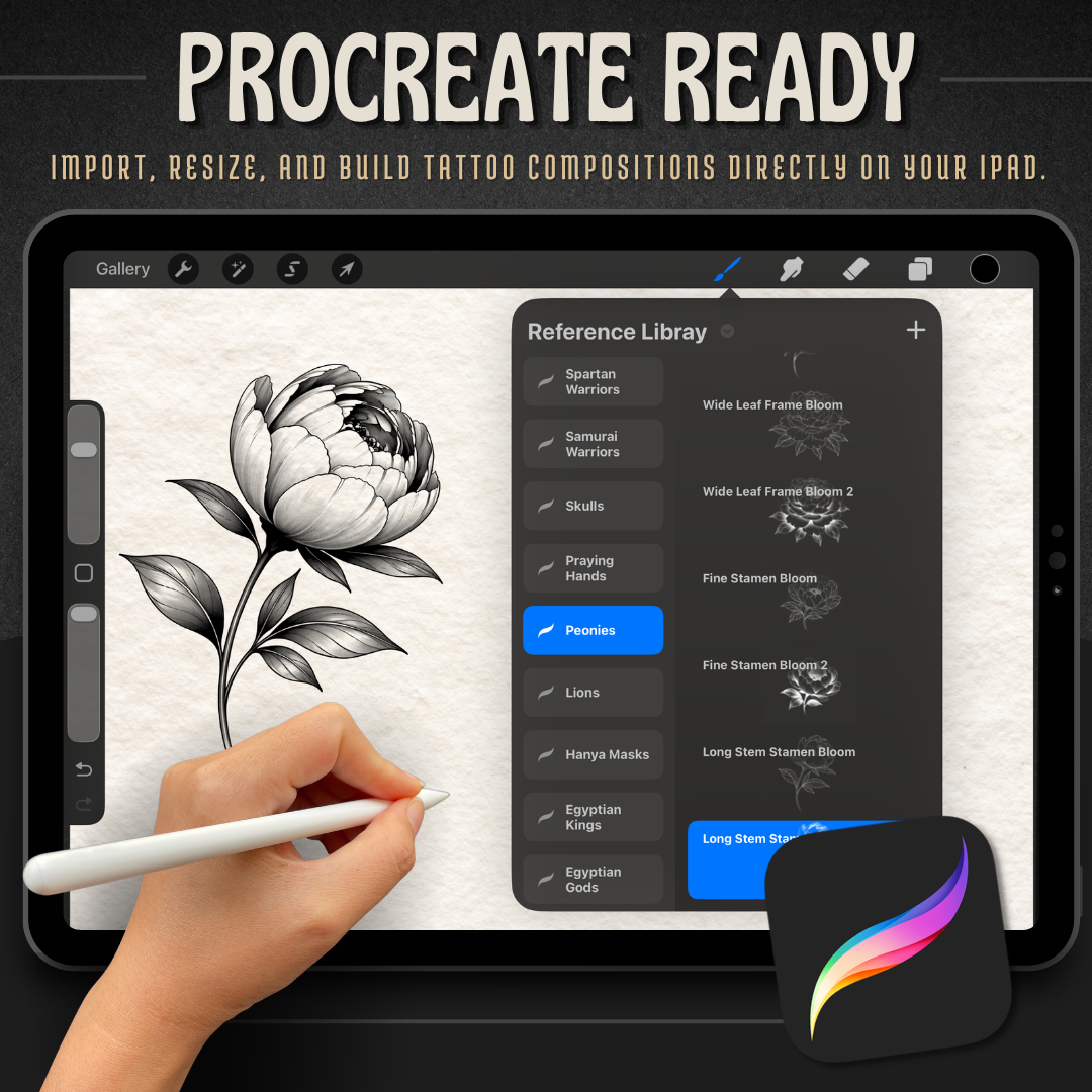 Peonies Procreate tattoo brush stamp set — design 7
