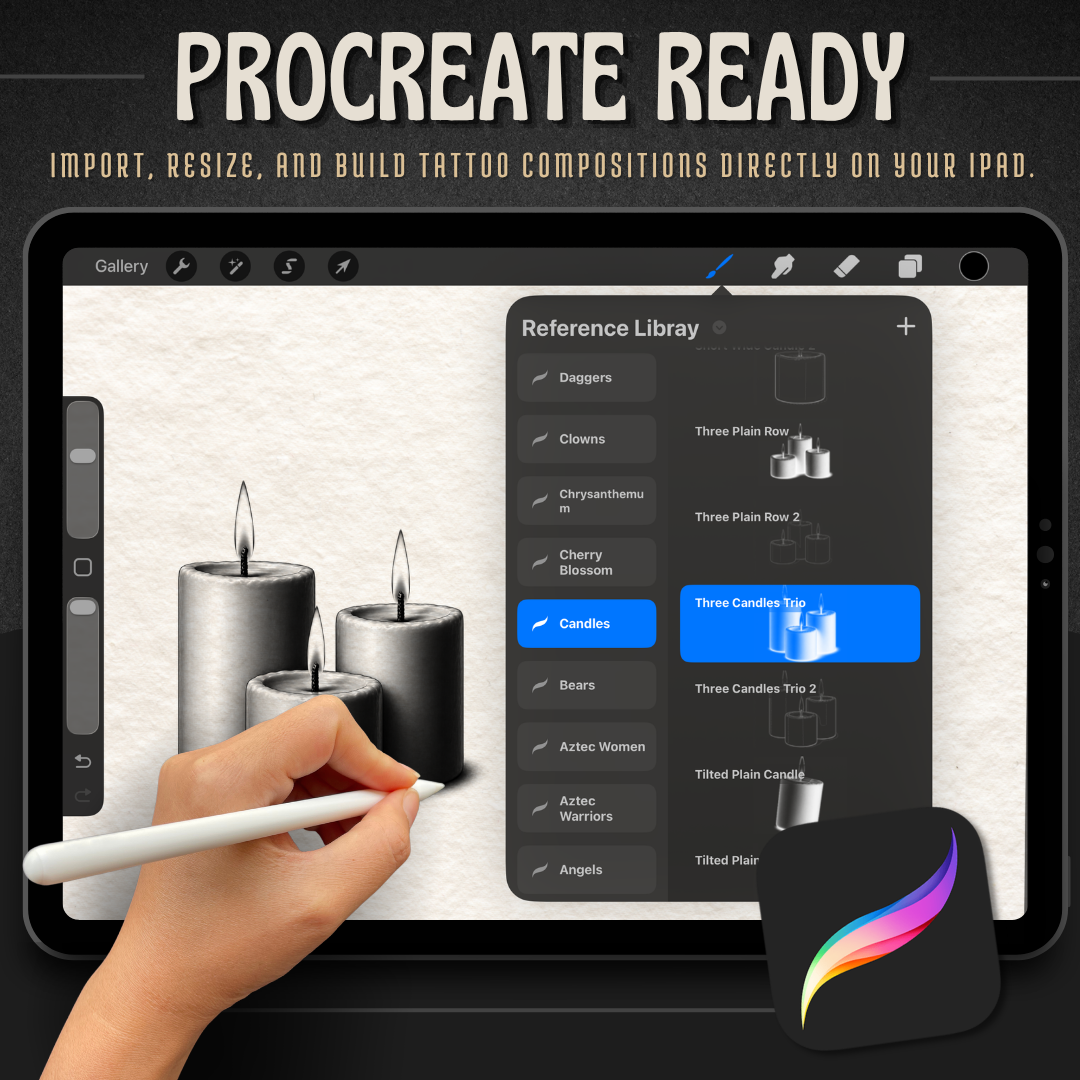Candles Procreate tattoo brush stamp set — design 7