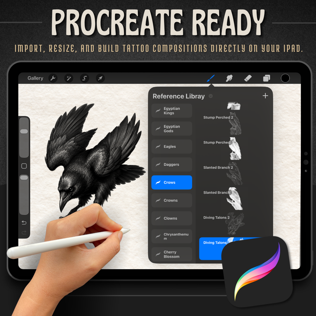 Crows Procreate Brush Set | 40 Tattoo Designs + Stencils