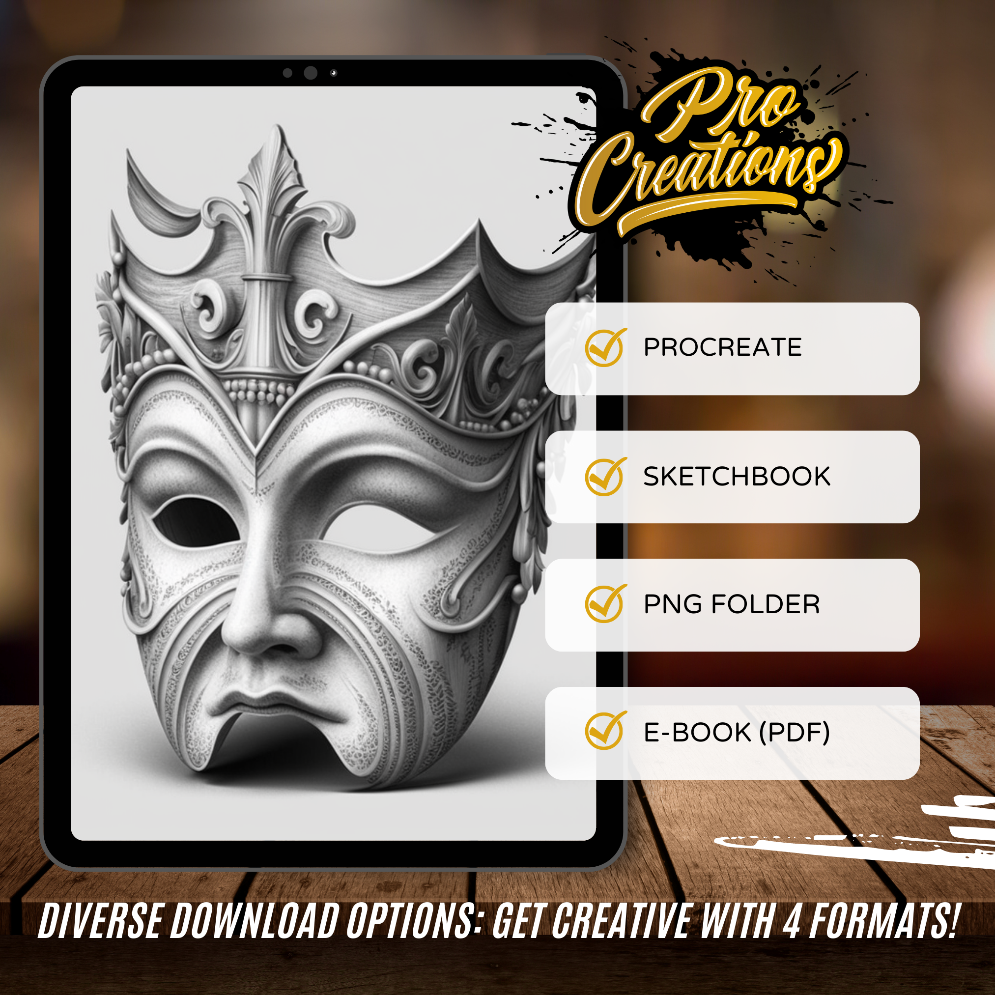 Colección de diseños de referencia digital de máscaras de carnaval: 50 imágenes de Procreate y Sketchbook