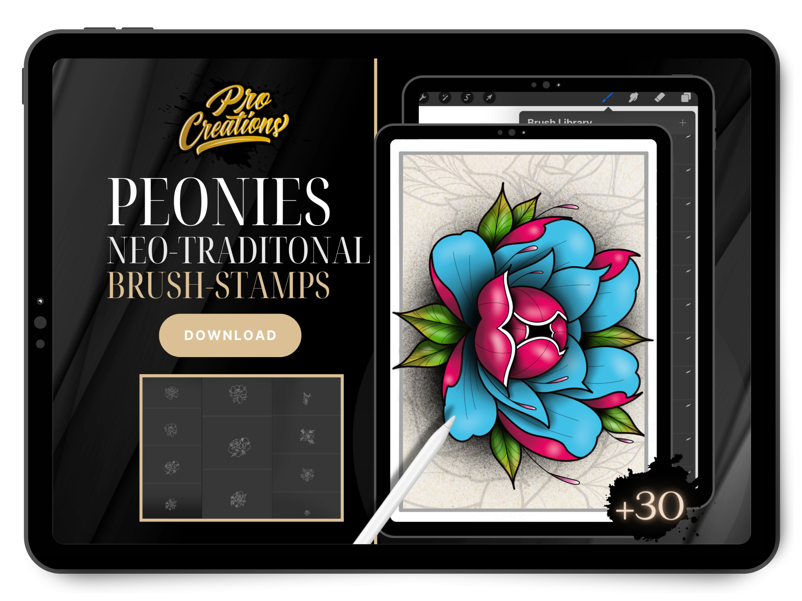 Neo-Traditional Peonies Brush Set for Procreate 30+