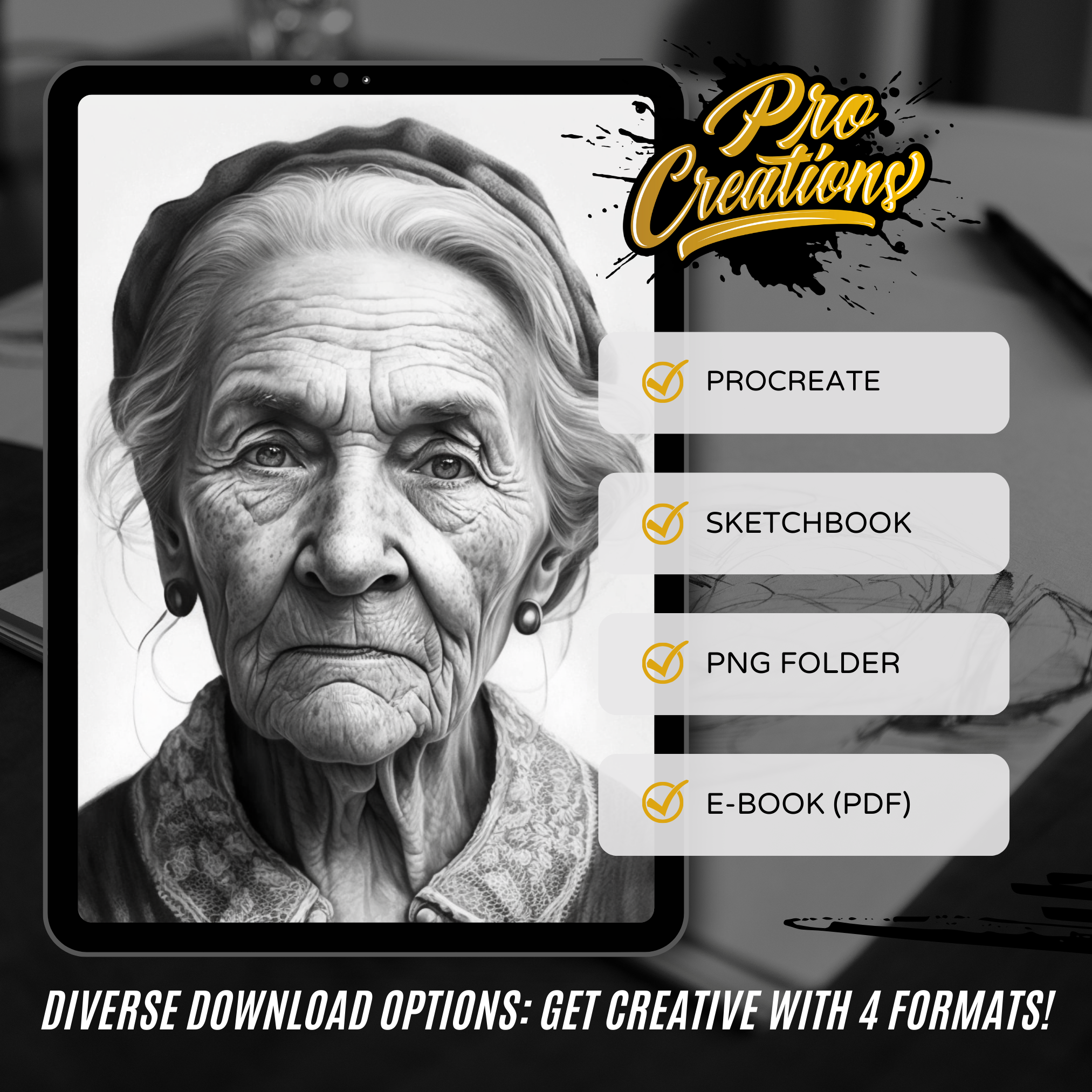 Old-Aged Women Portraits Digital Design Collection: 100 Procreate & Sketchbook Images
