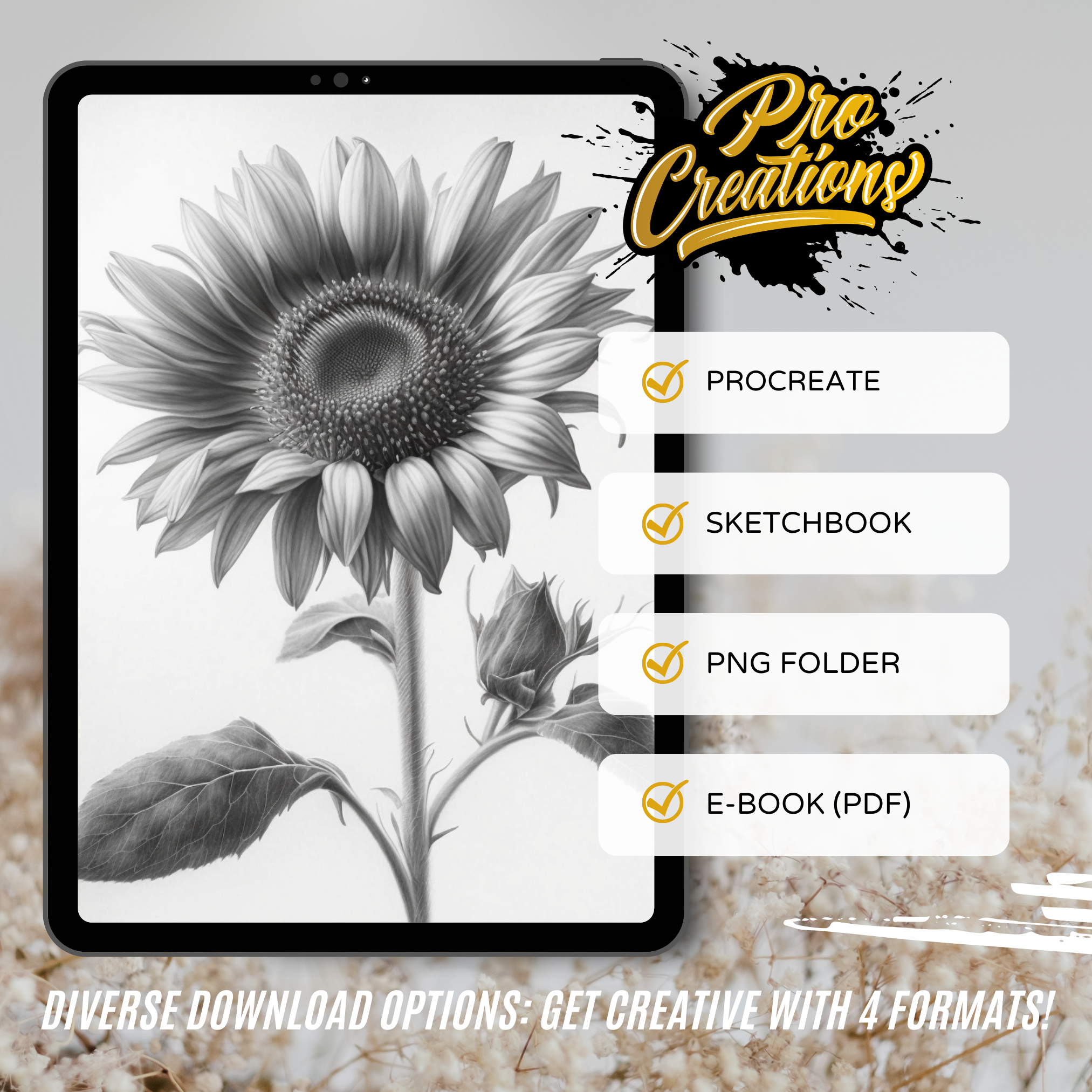 Digitale Designsammlung „Sonnenblumen“: 50 Procreate- und Skizzenbuchbilder