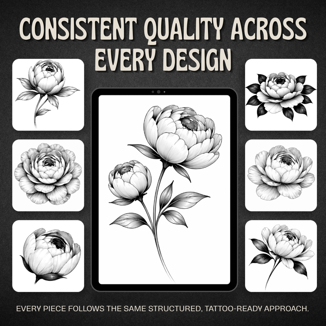 Peonies Procreate tattoo brush stamp set — design 8