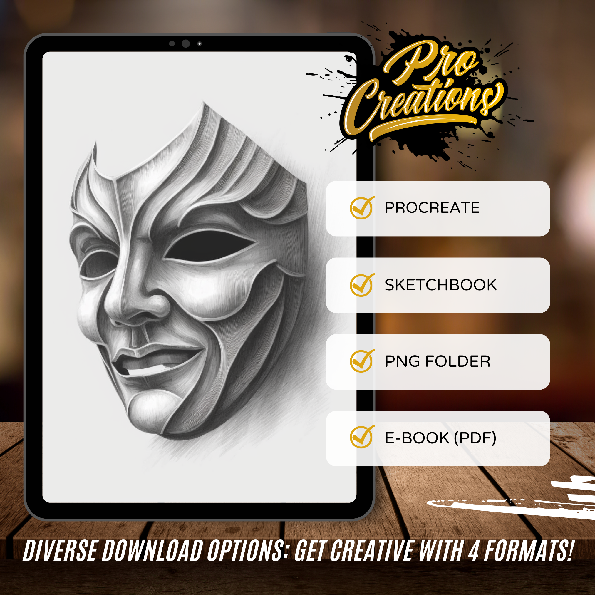 Colección de diseños de referencia digital de máscaras de teatro: 50 imágenes de Procreate y Sketchbook