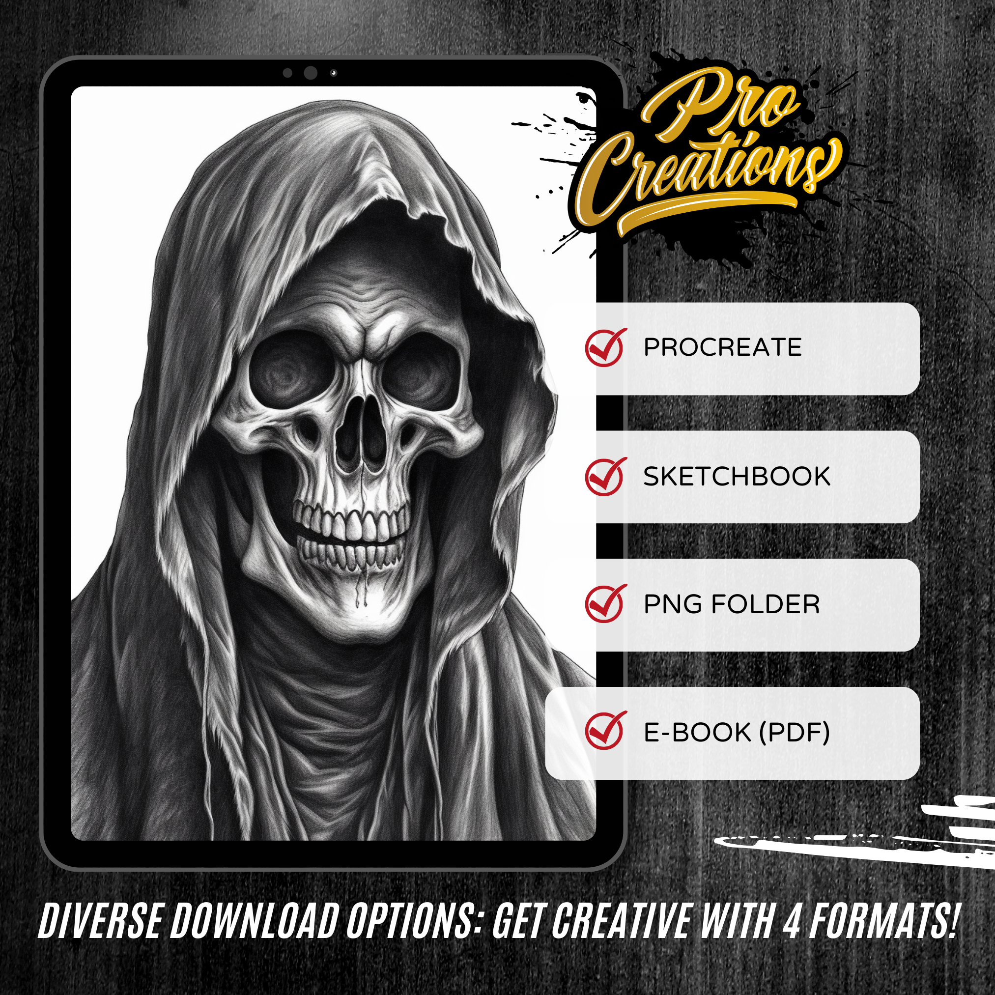 Grim Reapers Digitale Horror-Designsammlung: 50 Procreate- und Skizzenbuchbilder